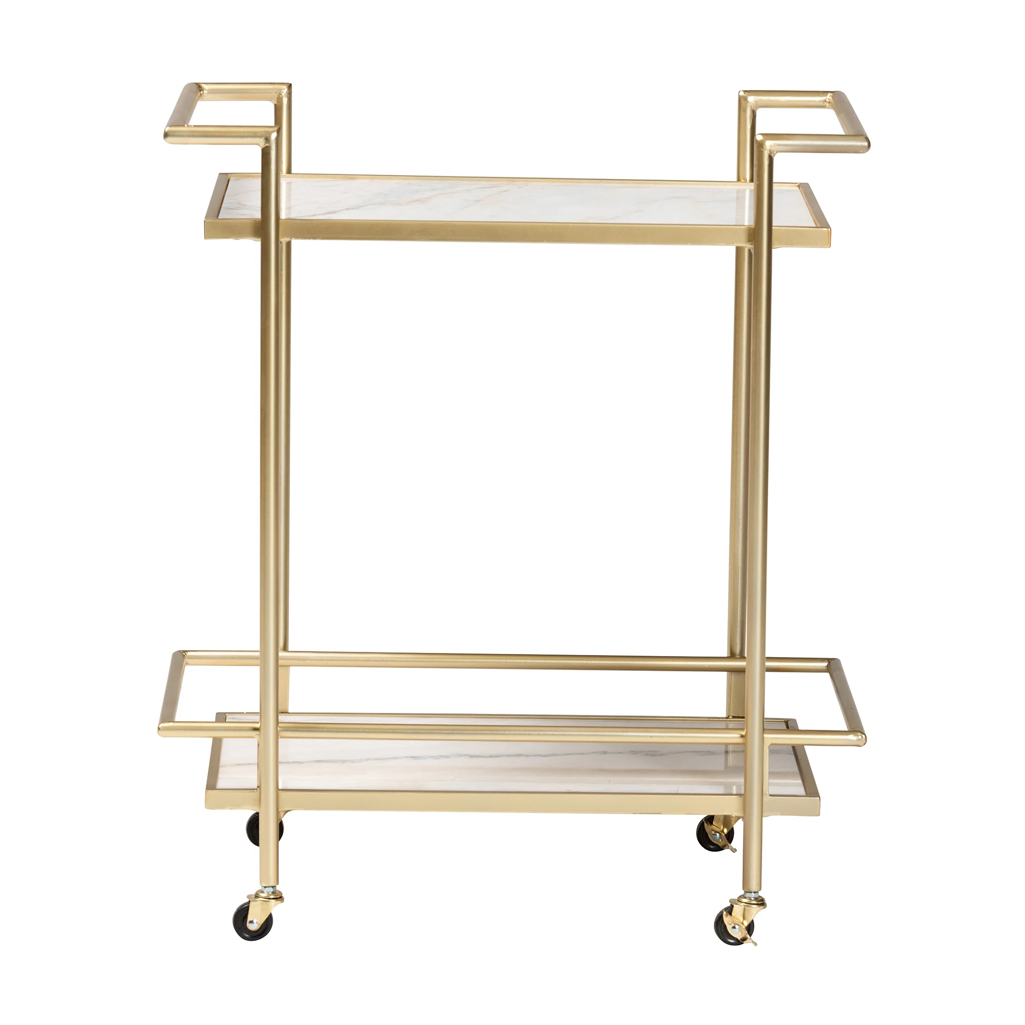 Baxton Studio Louise Contemporary Glam and Luxe Gold Metal and White Marble 2-Tier Wine Cart - Image 3