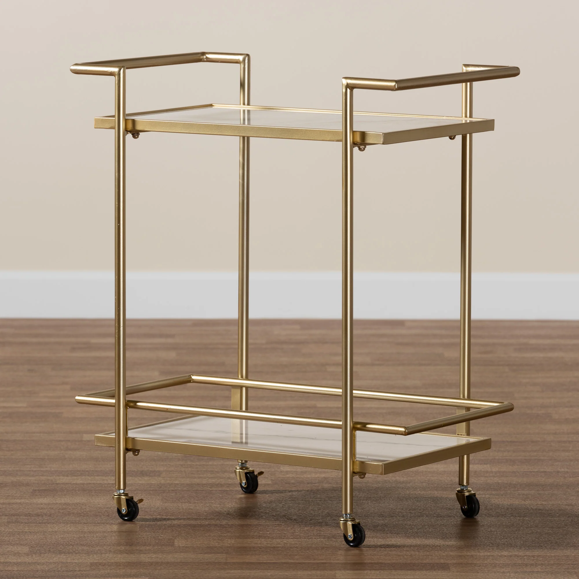 Baxton Studio Louise Contemporary Glam and Luxe Gold Metal and White Marble 2-Tier Wine Cart - Image 7