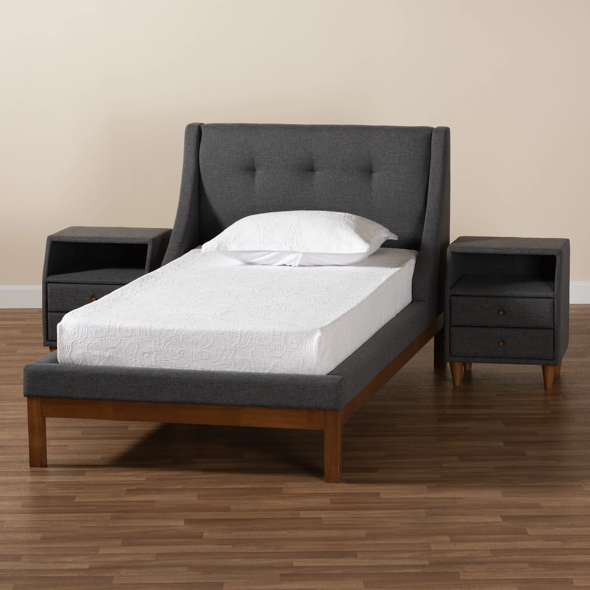 Baxton Studio Louvain Mid-Century Modern Transitional Dark Grey Fabric Upholstered Twin Size 3-Piece Bedroom Set - Image 3