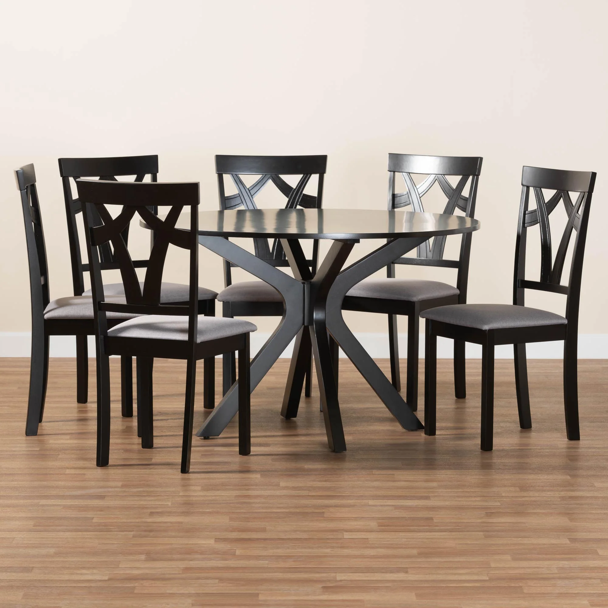 Baxton Studio Luise Modern Grey Fabric and Dark Brown Finished Wood 7-Piece Dining Set - Image 9