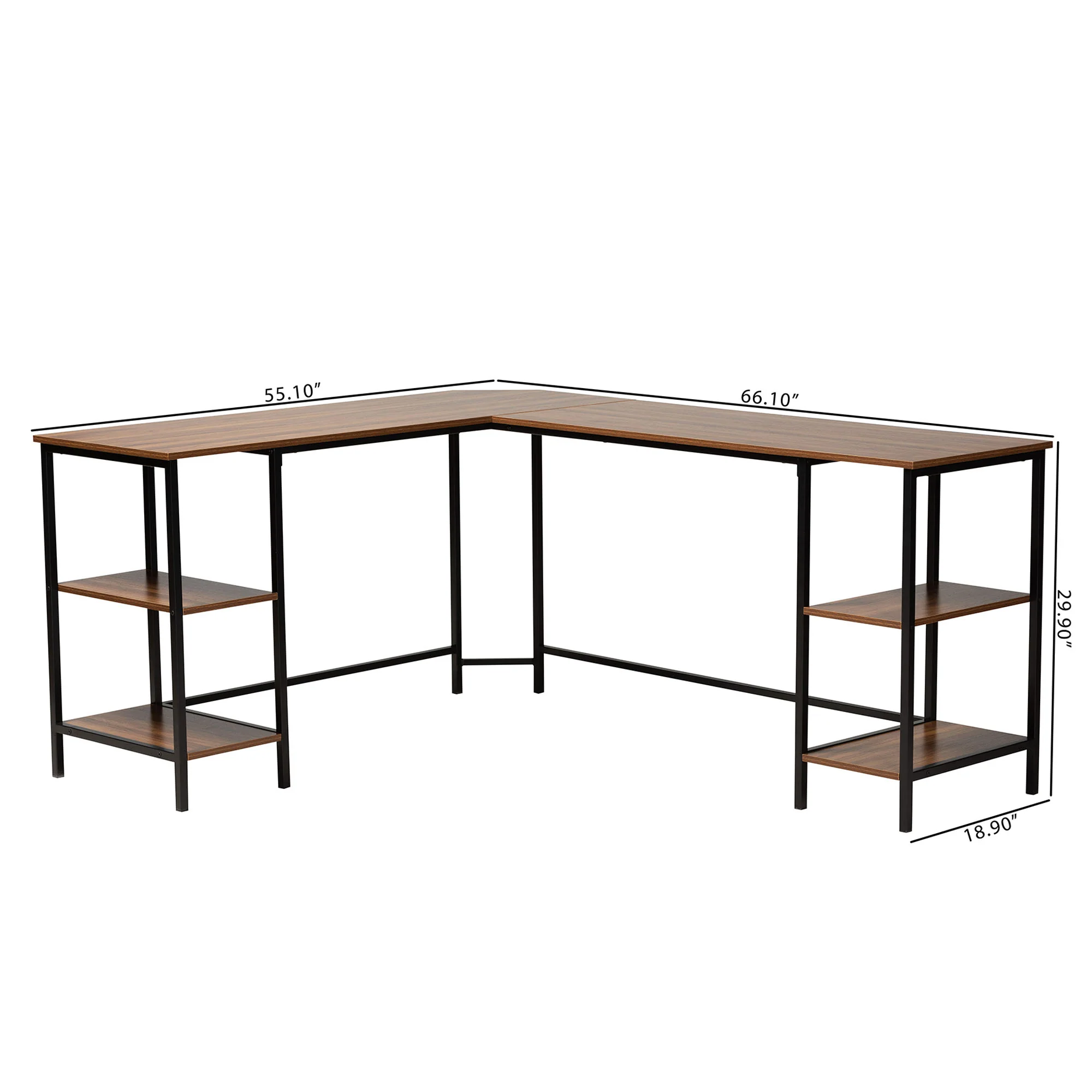 Baxton Studio Lydia Modern Walnut Brown Finished Wood and Black Metal L-Shaped Corner Desk with Shelves - Image 10