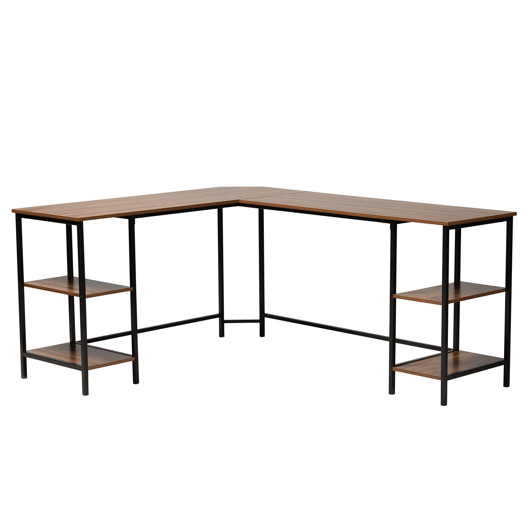 Baxton Studio Lydia Modern Walnut Brown Finished Wood and Black Metal L-Shaped Corner Desk with Shelves - Image 2