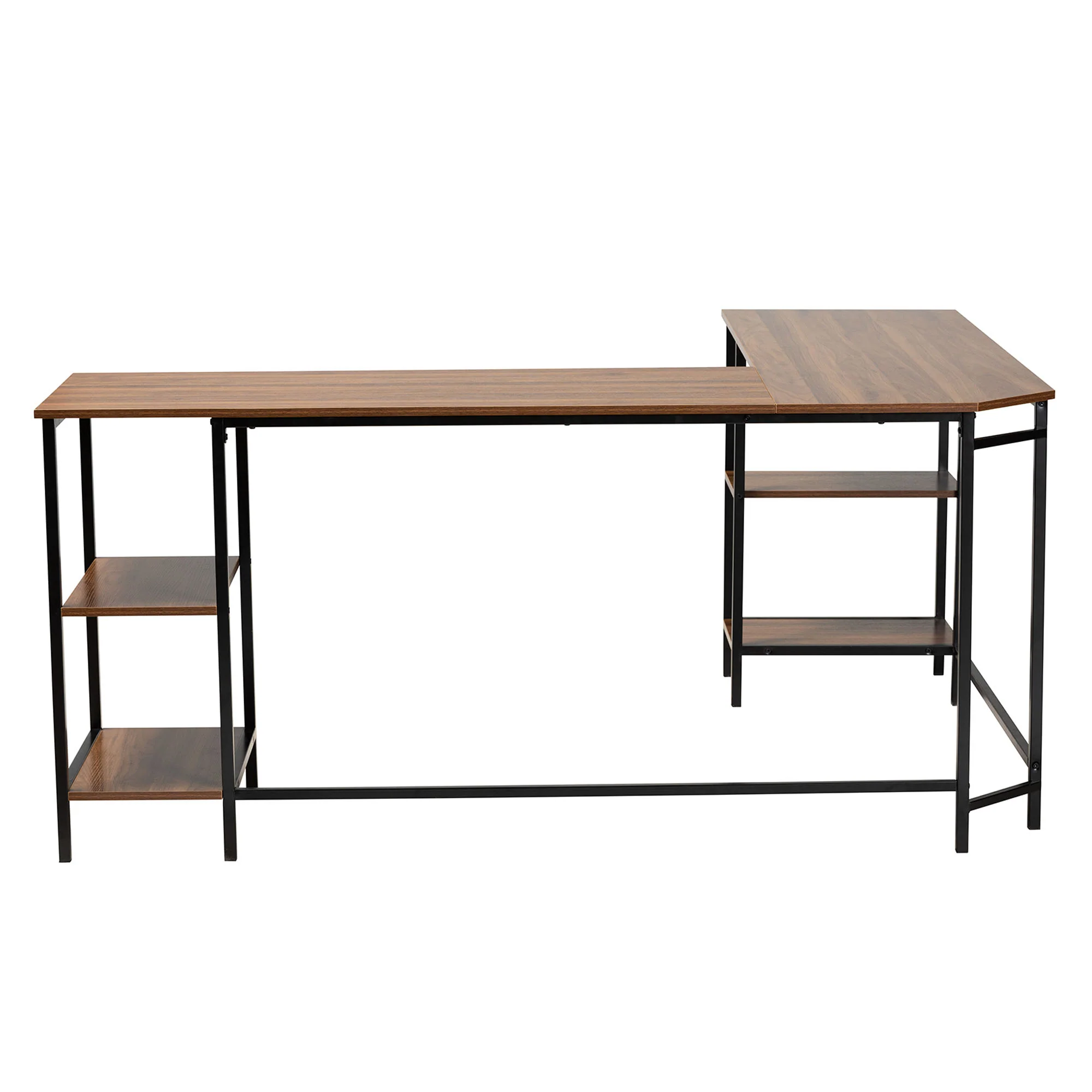 Baxton Studio Lydia Modern Walnut Brown Finished Wood and Black Metal L-Shaped Corner Desk with Shelves - Image 5