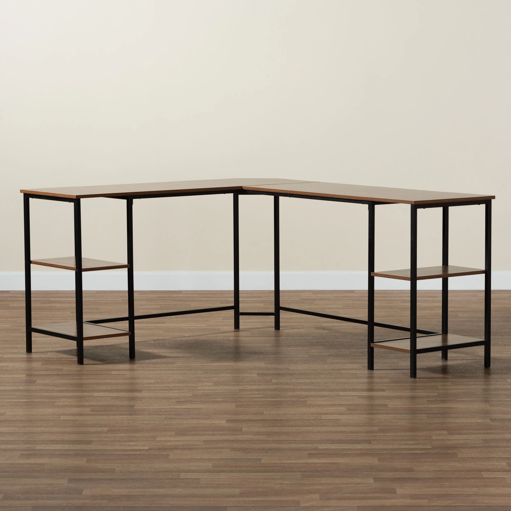Baxton Studio Lydia Modern Walnut Brown Finished Wood and Black Metal L-Shaped Corner Desk with Shelves - Image 9