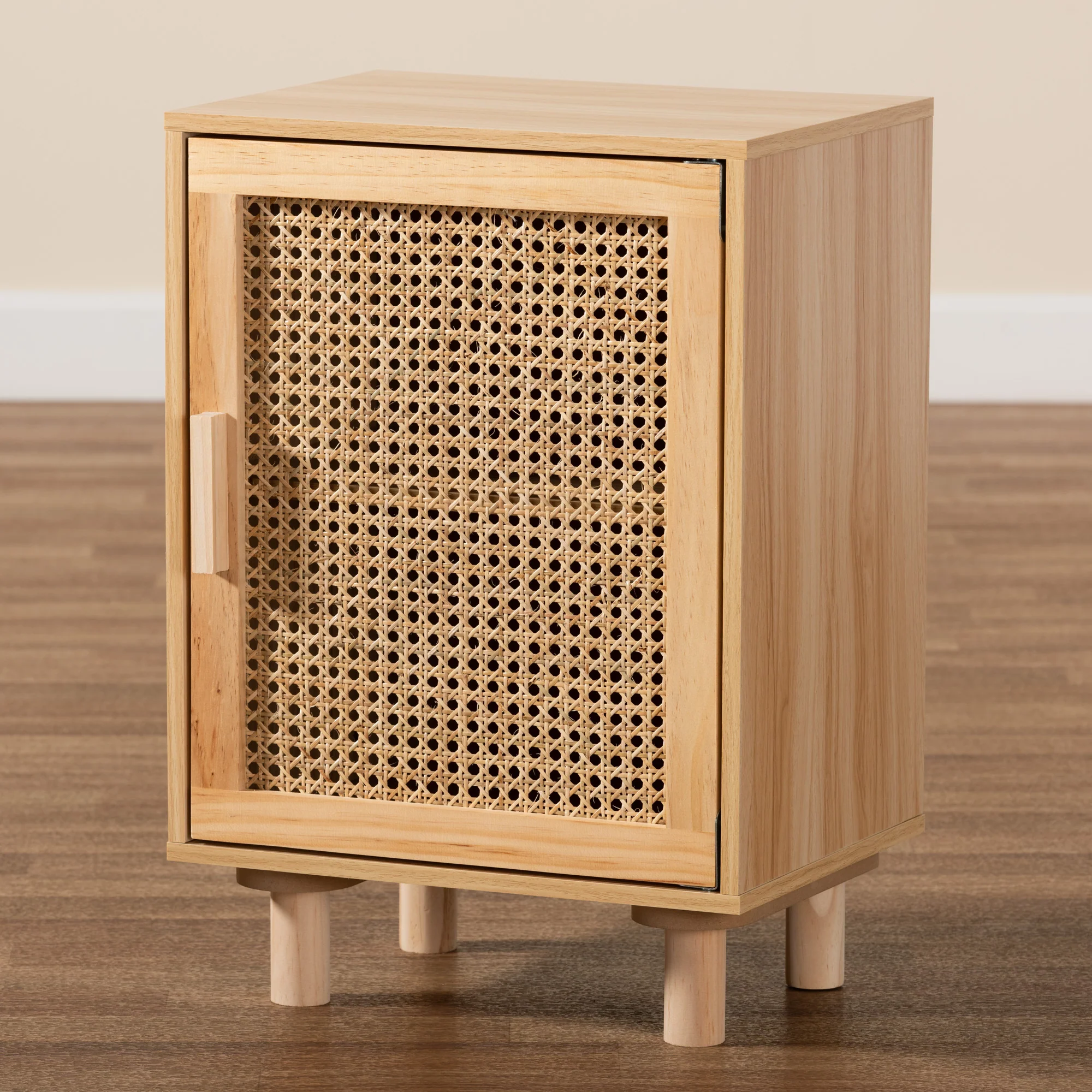 Baxton Studio Maclean Mid-Century Modern Rattan and Natural Brown Finished Wood 1-Door End Table - Image 2