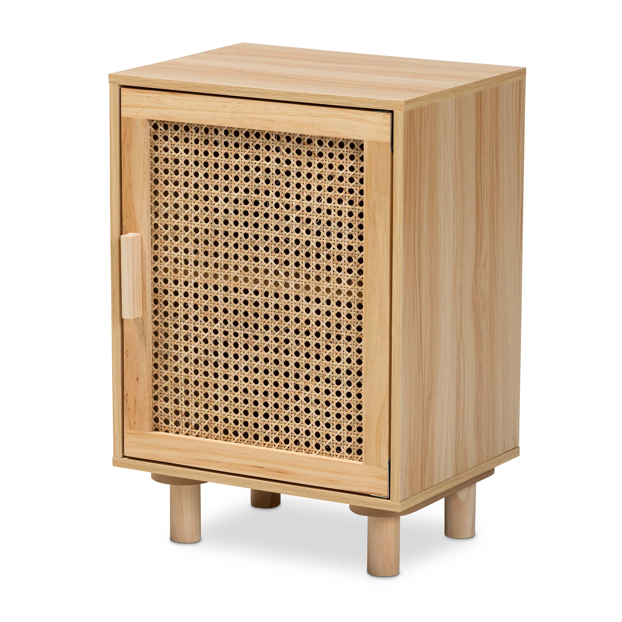 Baxton Studio Maclean Mid-Century Modern Rattan and Natural Brown Finished Wood 1-Door End Table - Image 5