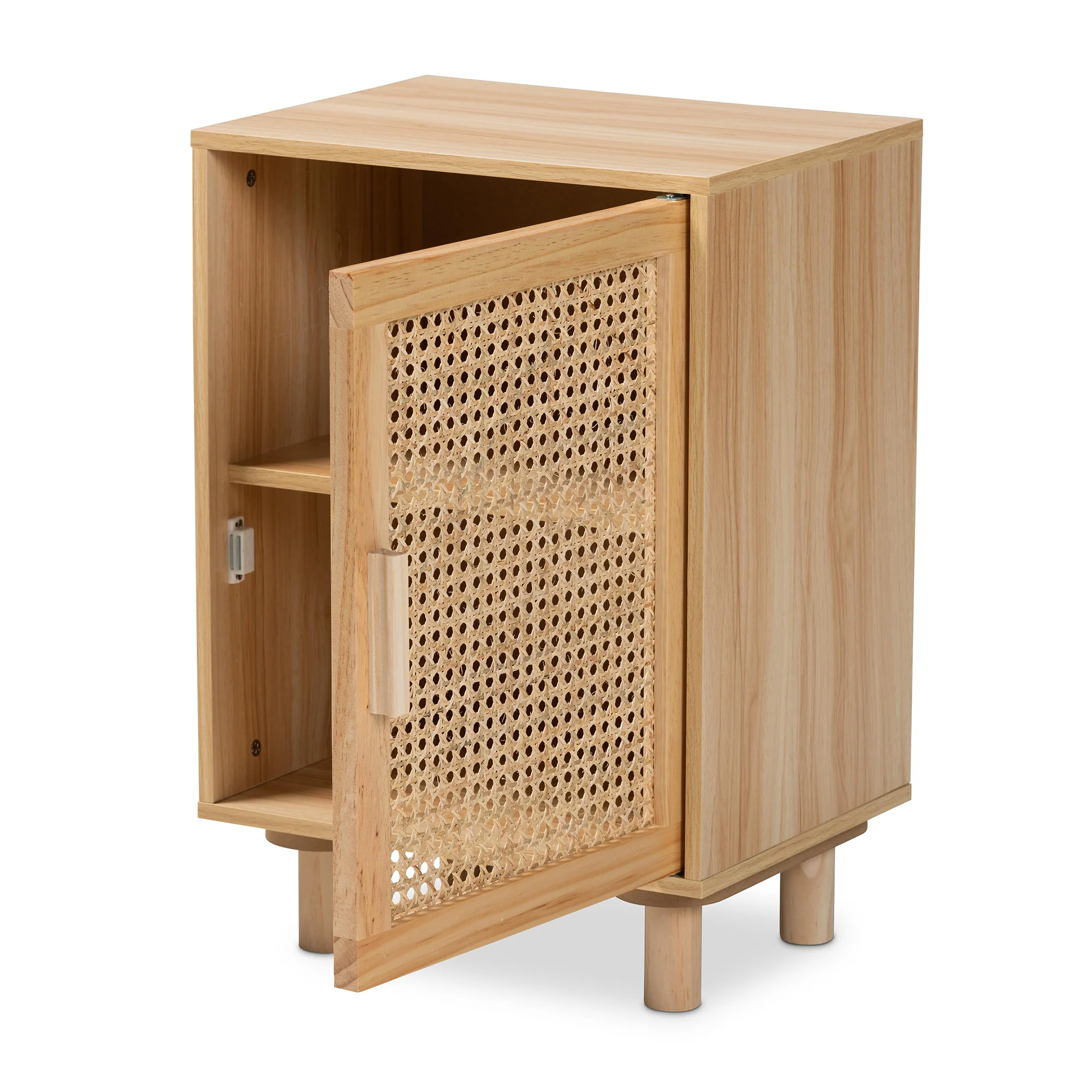 Baxton Studio Maclean Mid-Century Modern Rattan and Natural Brown Finished Wood 1-Door End Table - Image 6