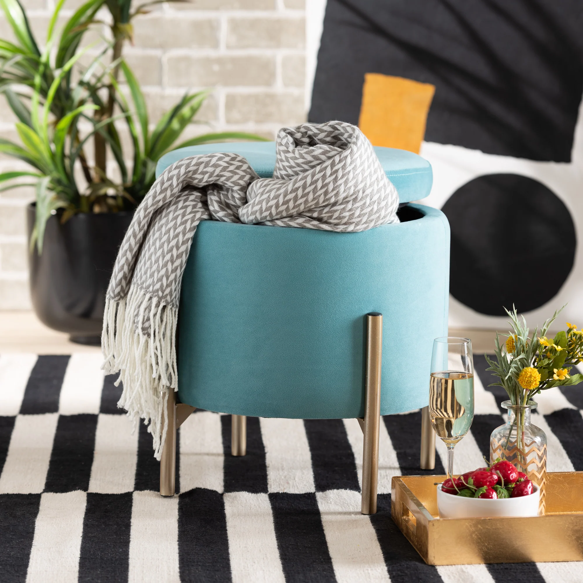 Baxton Studio Malina Contemporary Glam and Luxe Sky Blue Velvet Fabric Upholstered and Gold Finished Metal Storage Ottoman - Image 10
