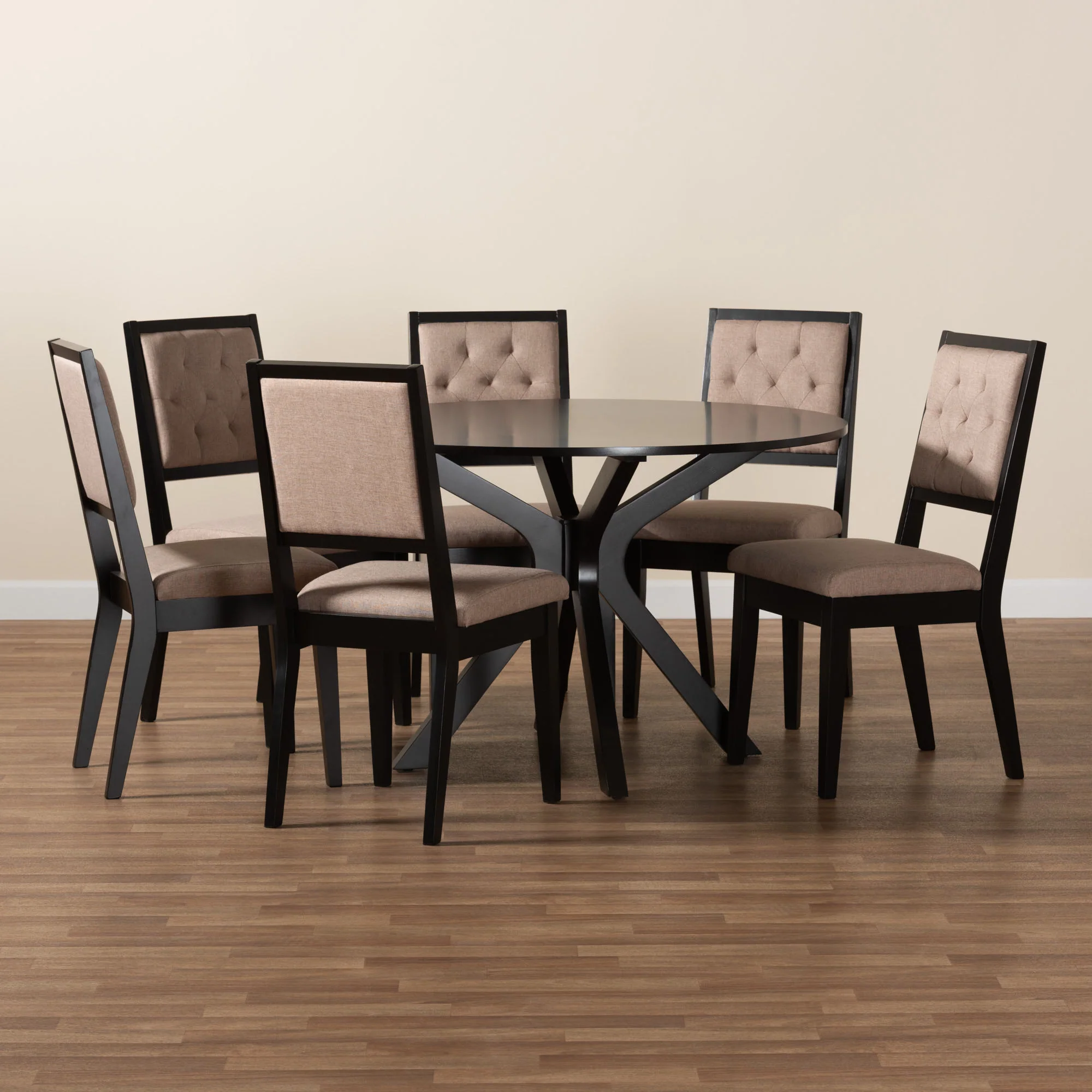 Baxton Studio Mana Modern Sand Fabric and Dark Brown Finished Wood 7-Piece Dining Set - Image 9