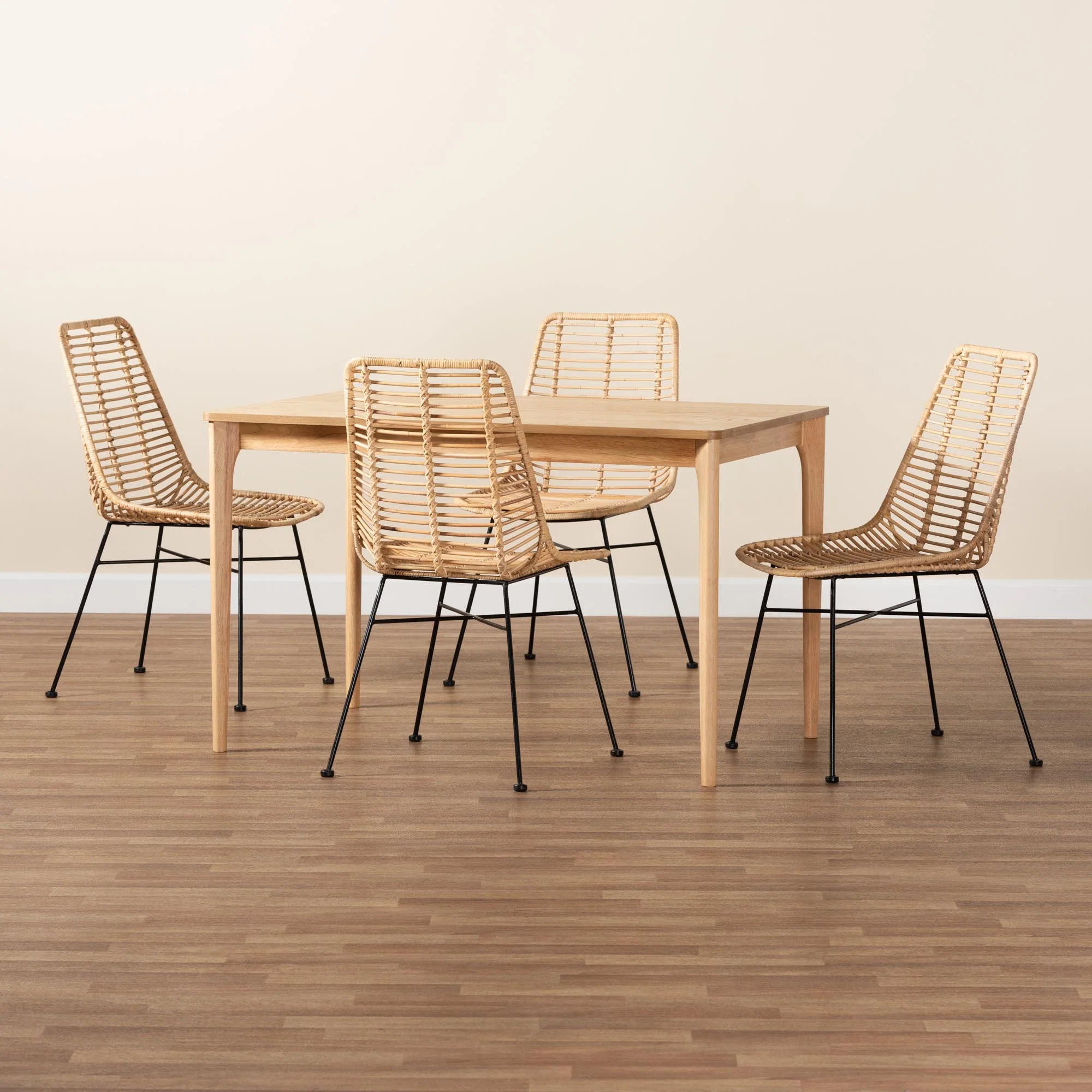 Baxton Studio Manhattan Modern Bohemian Rattan and Natural Oak Finished Wood 5-Piece Dining Set - Image 2
