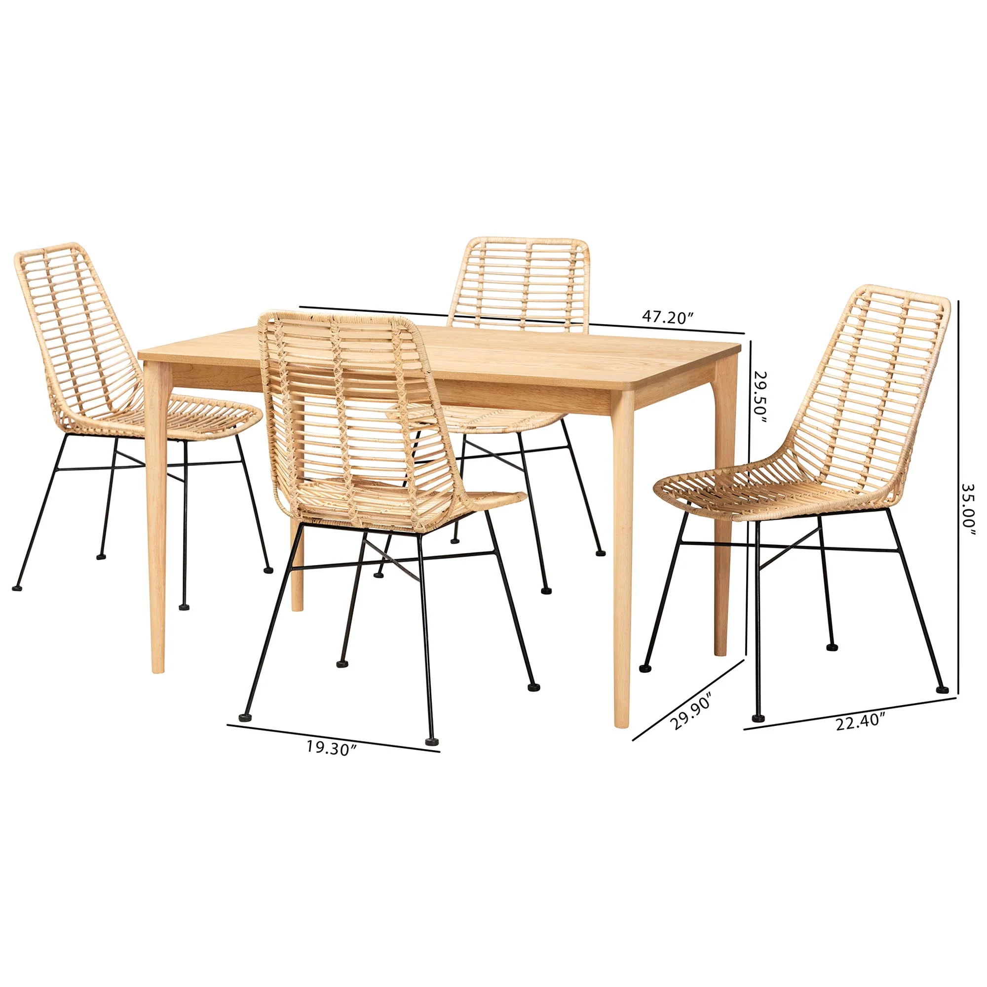 Baxton Studio Manhattan Modern Bohemian Rattan and Natural Oak Finished Wood 5-Piece Dining Set - Image 3