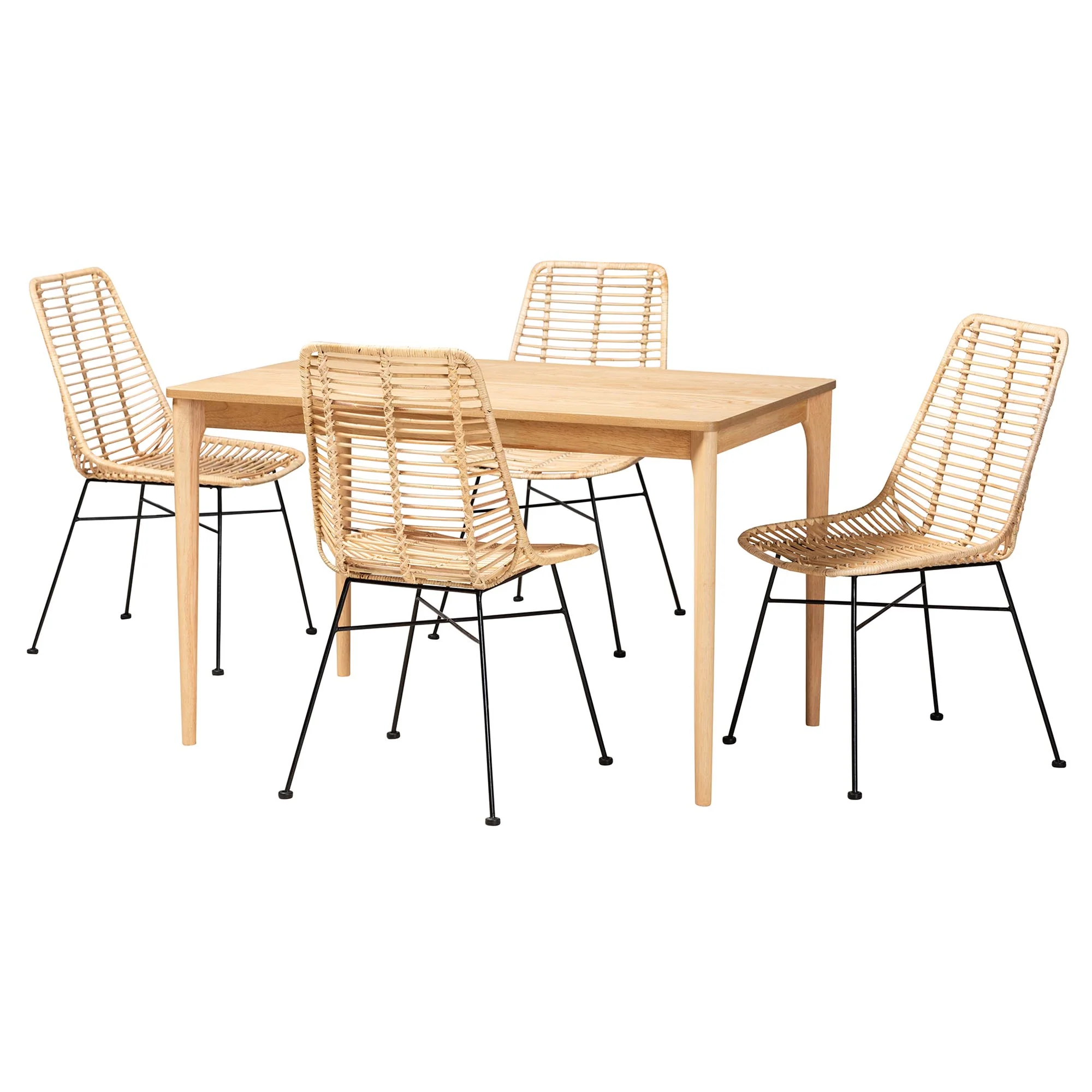 Baxton Studio Manhattan Modern Bohemian Rattan and Natural Oak Finished Wood 5-Piece Dining Set - Image 4