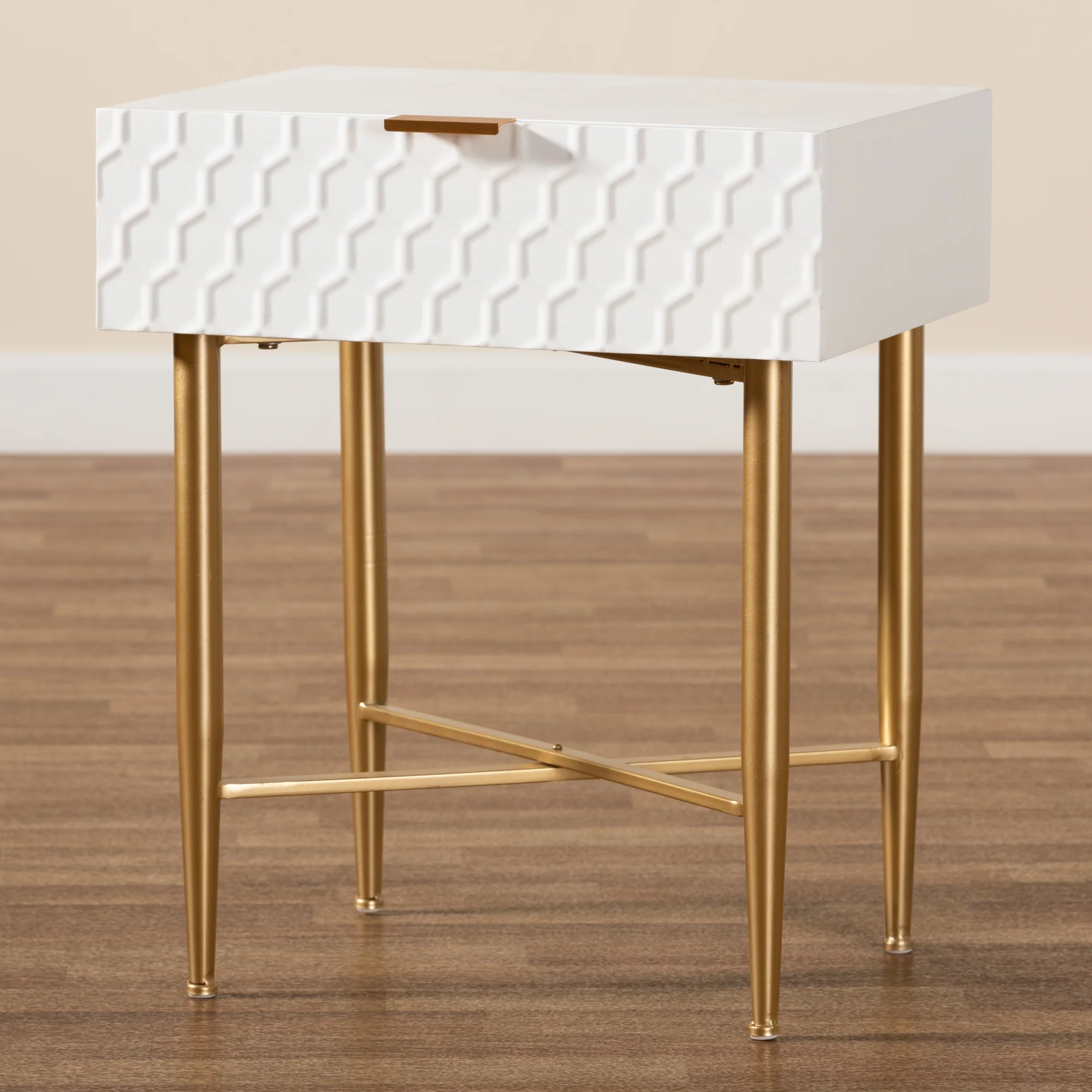 Baxton Studio Marcin Contemporary Glam and Luxe White Finished Wood and Gold Metal 1-Drawer End Table - Image 2