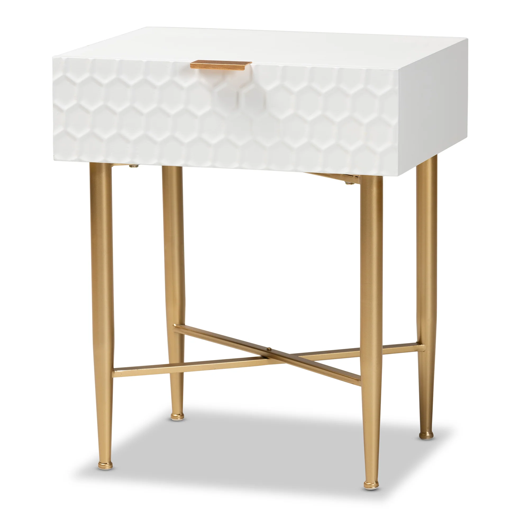 Baxton Studio Marcin Contemporary Glam and Luxe White Finished Wood and Gold Metal 1-Drawer End Table - Image 5