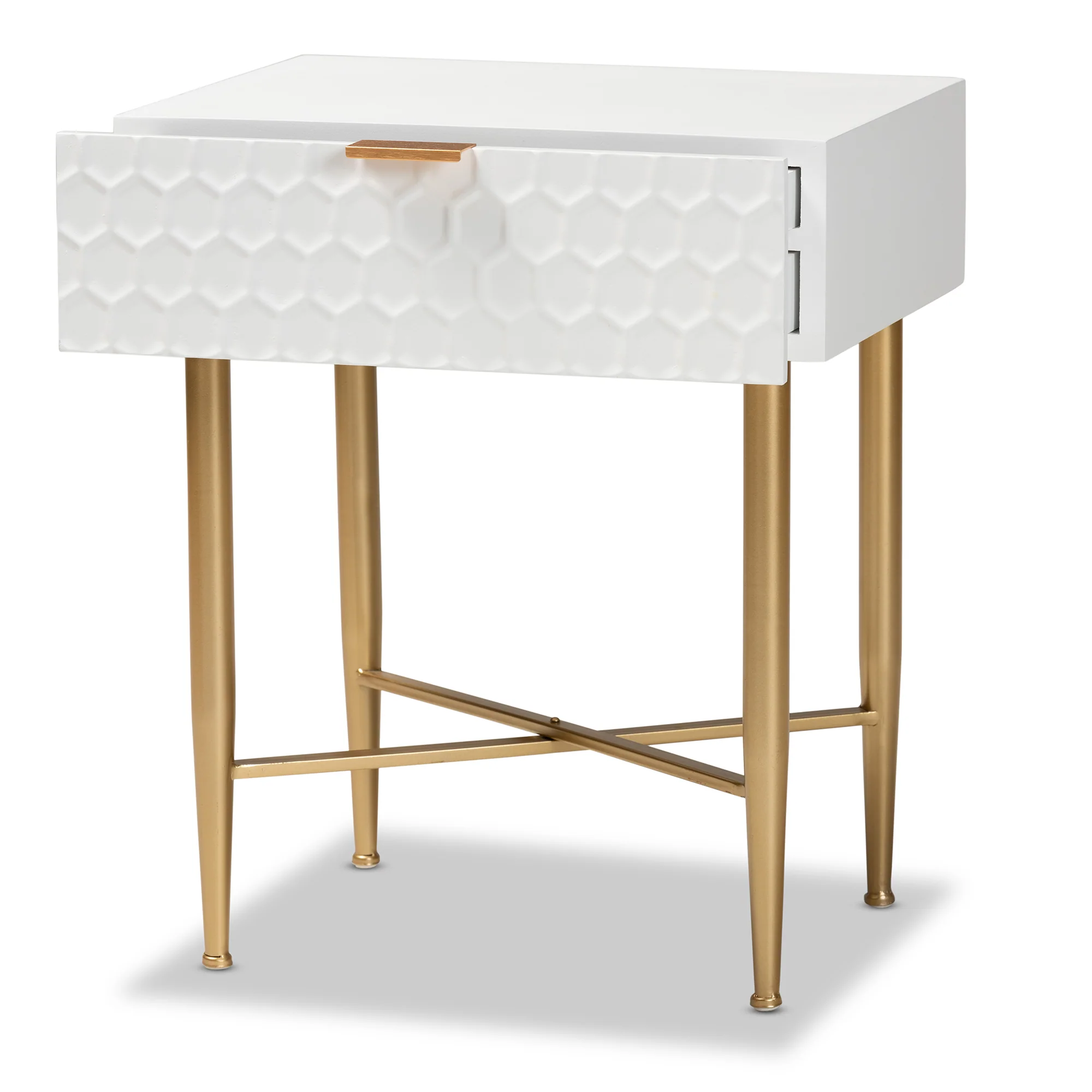 Baxton Studio Marcin Contemporary Glam and Luxe White Finished Wood and Gold Metal 1-Drawer End Table - Image 6