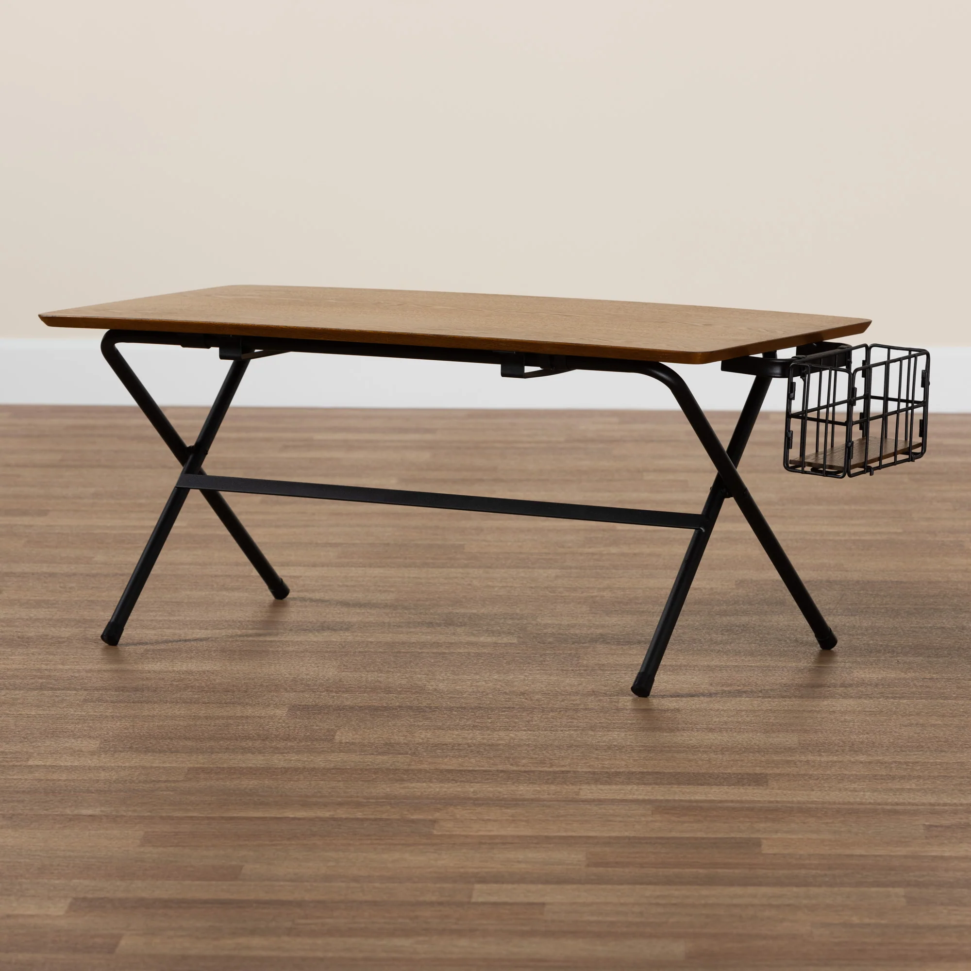 Baxton Studio Mariela Natural Brown and Black Low Profile Coffee Table with Basket - Image 9
