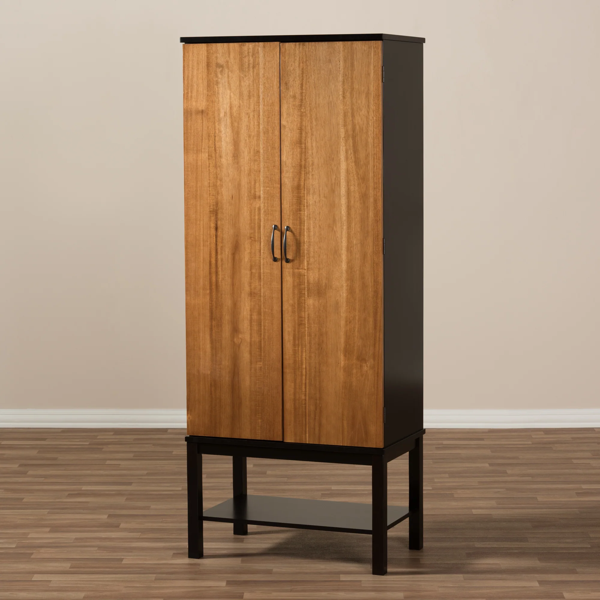 Baxton Studio Marya Mid-Century Modern Dark Brown and Walnut Two-Tone Solid Rubberwood Mdf Veneered Wine Cabinet - Image 8