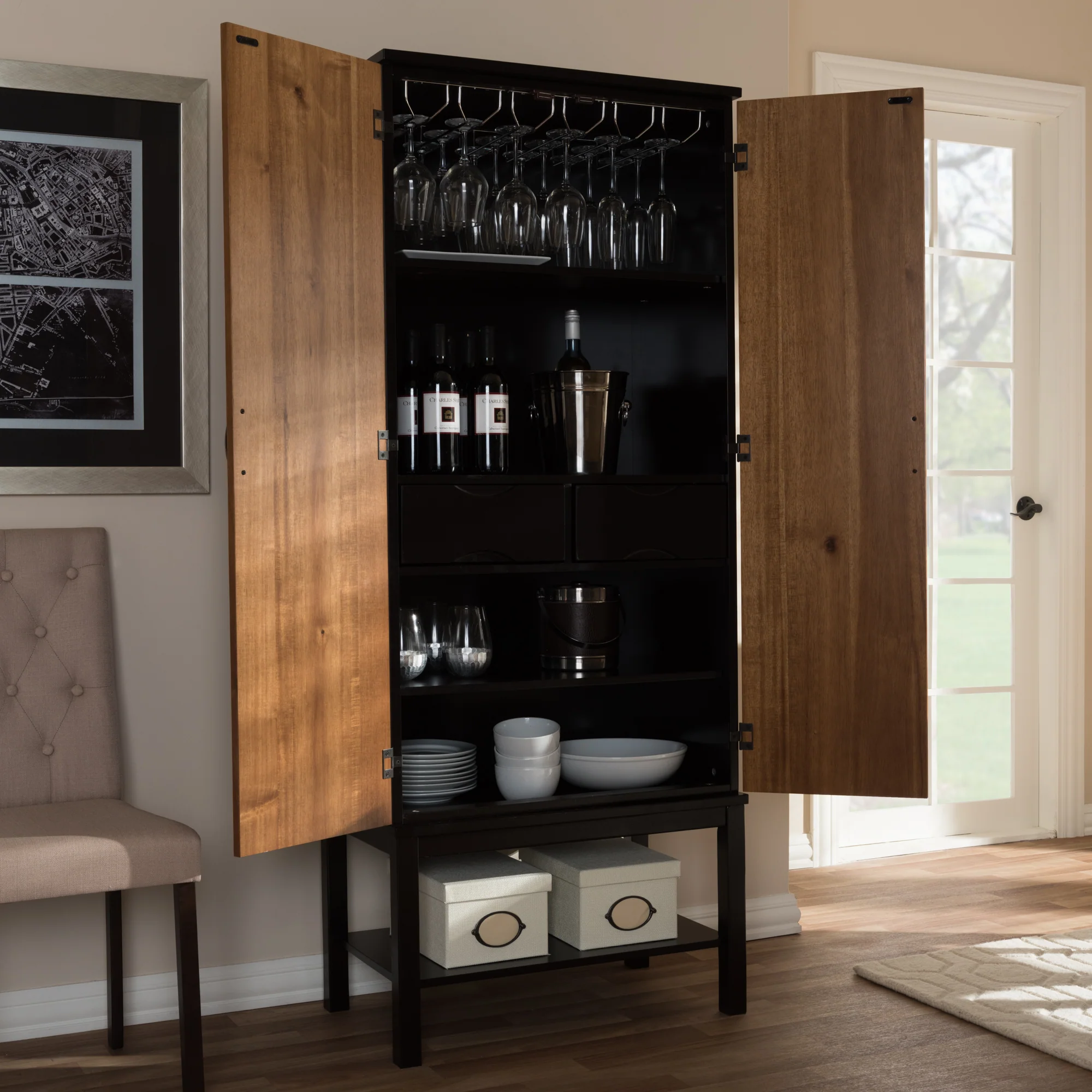 Baxton Studio Marya Mid-Century Modern Dark Brown and Walnut Two-Tone Solid Rubberwood Mdf Veneered Wine Cabinet - Image 9