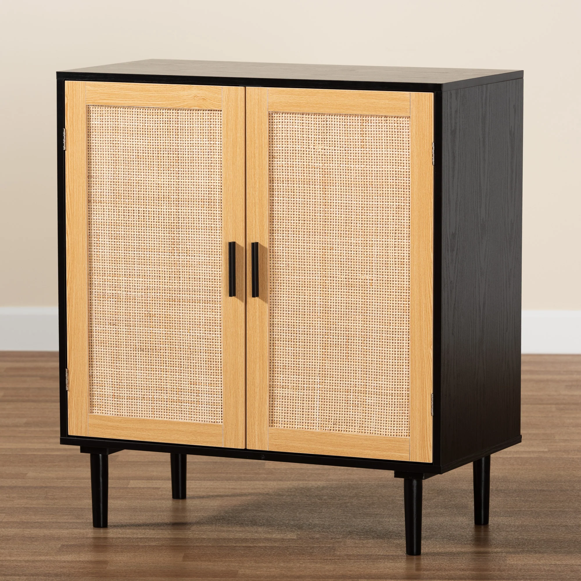 Baxton Studio Maureen Mid-Century Modern Espresso Brown Wood and Rattan 2-Door Storage Cabinet - Image 9