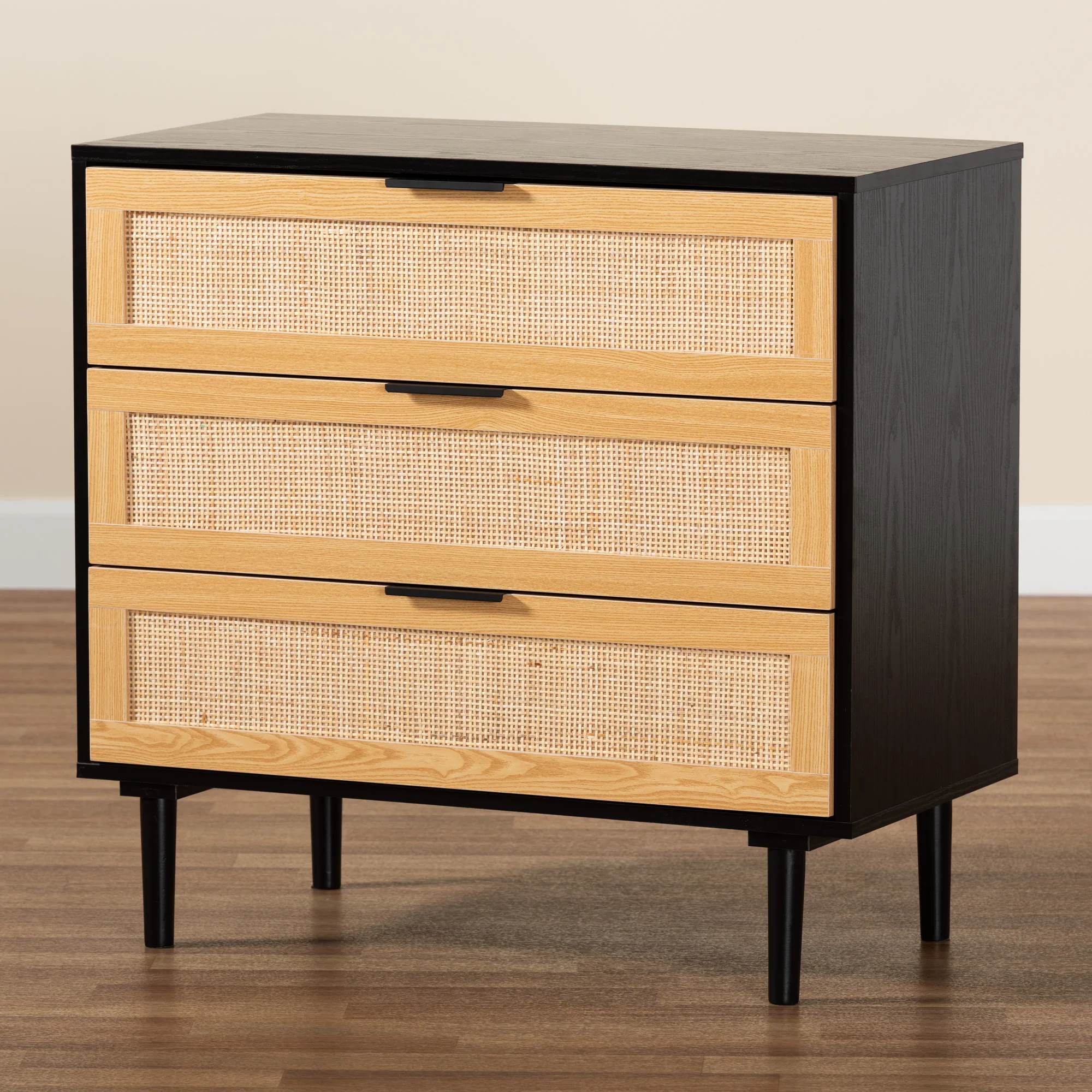 Baxton Studio Maureen Mid-Century Modern Espresso Brown Wood and Rattan 3-Drawer Cabinet - Image 2