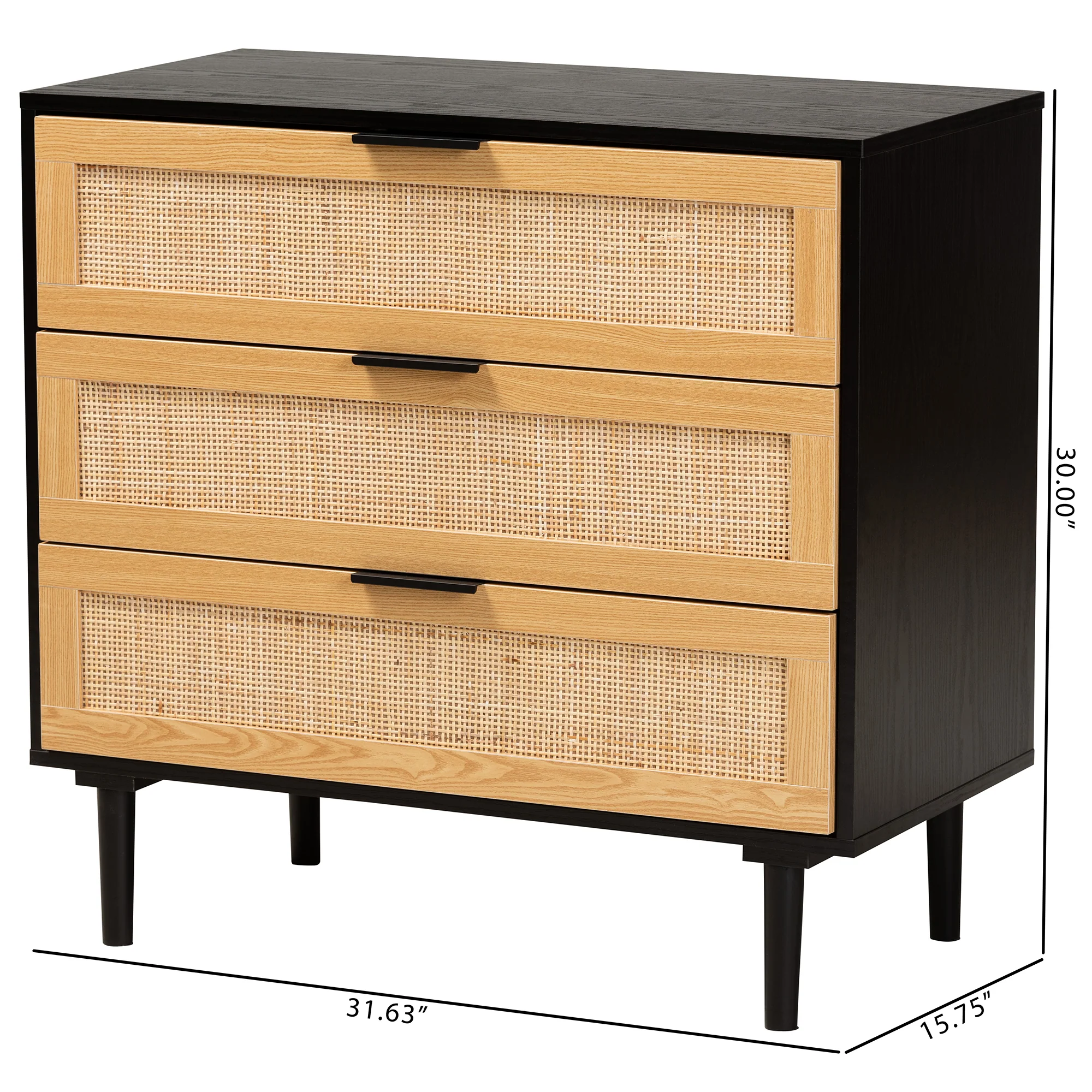 Baxton Studio Maureen Mid-Century Modern Espresso Brown Wood and Rattan 3-Drawer Cabinet - Image 3