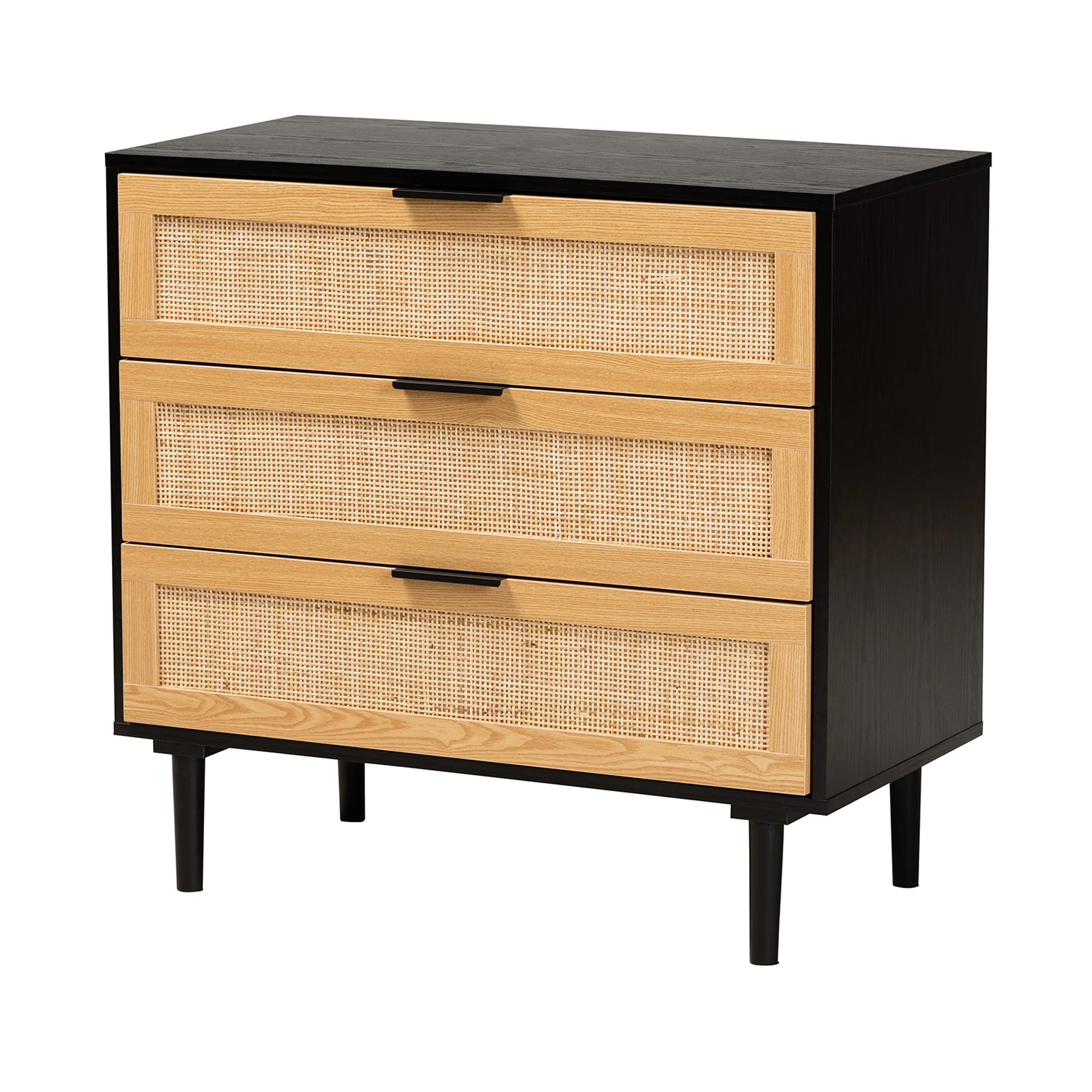 Baxton Studio Maureen Mid-Century Modern Espresso Brown Wood and Rattan 3-Drawer Cabinet - Image 4
