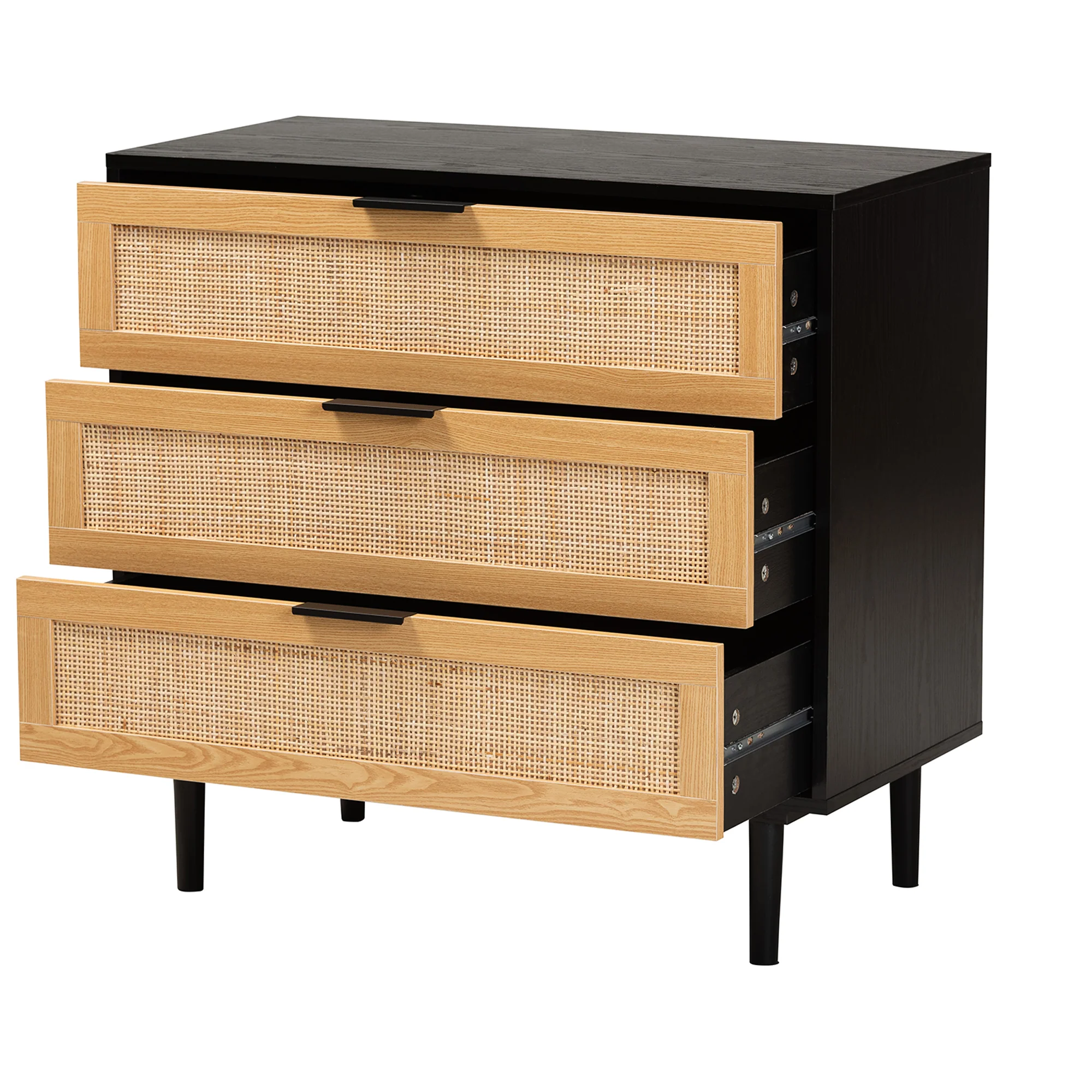Baxton Studio Maureen Mid-Century Modern Espresso Brown Wood and Rattan 3-Drawer Cabinet - Image 5