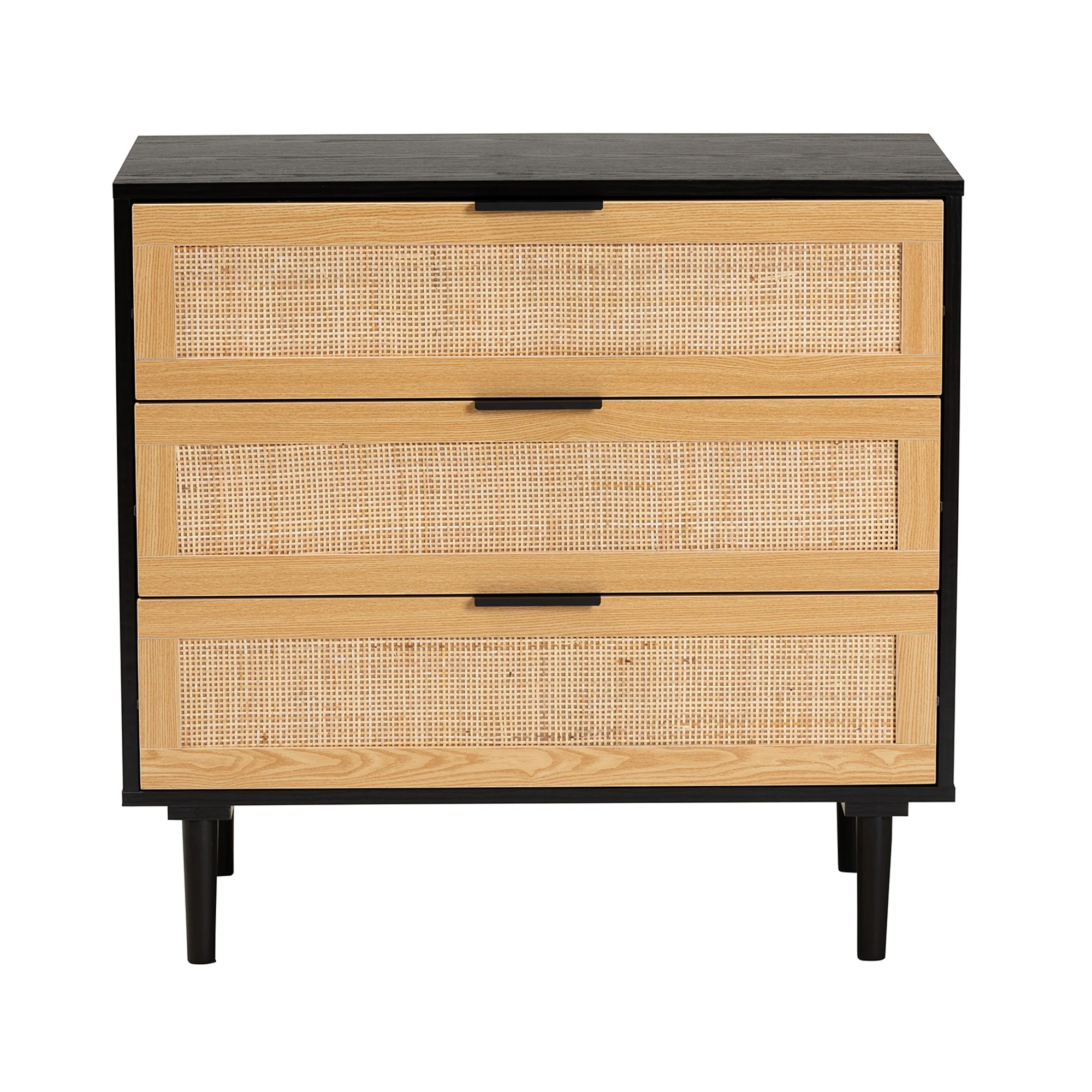 Baxton Studio Maureen Mid-Century Modern Espresso Brown Wood and Rattan 3-Drawer Cabinet - Image 6