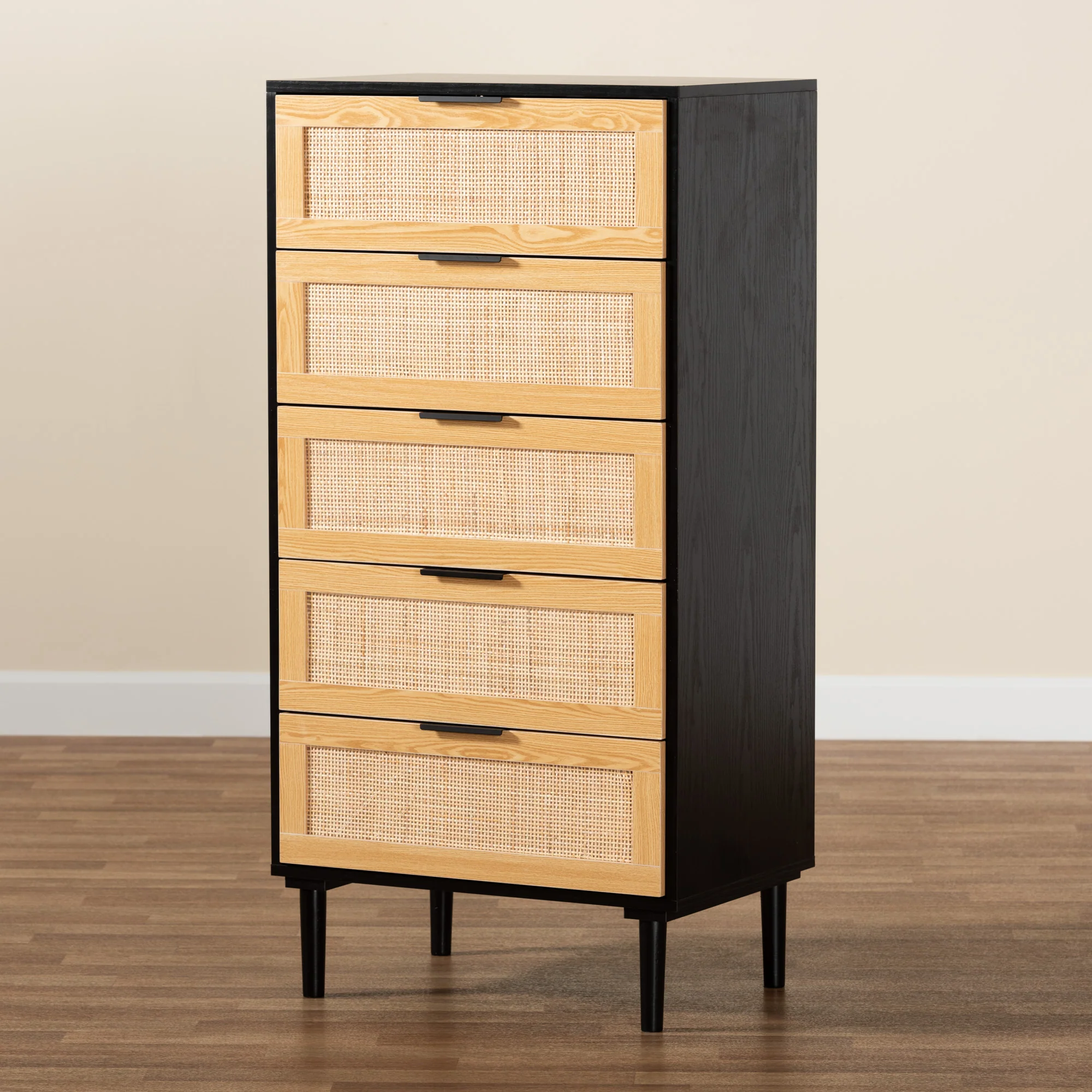 Baxton Studio Maureen Mid-Century Modern Espresso Brown Wood and Rattan 5-Drawer Storage Cabinet - Image 2
