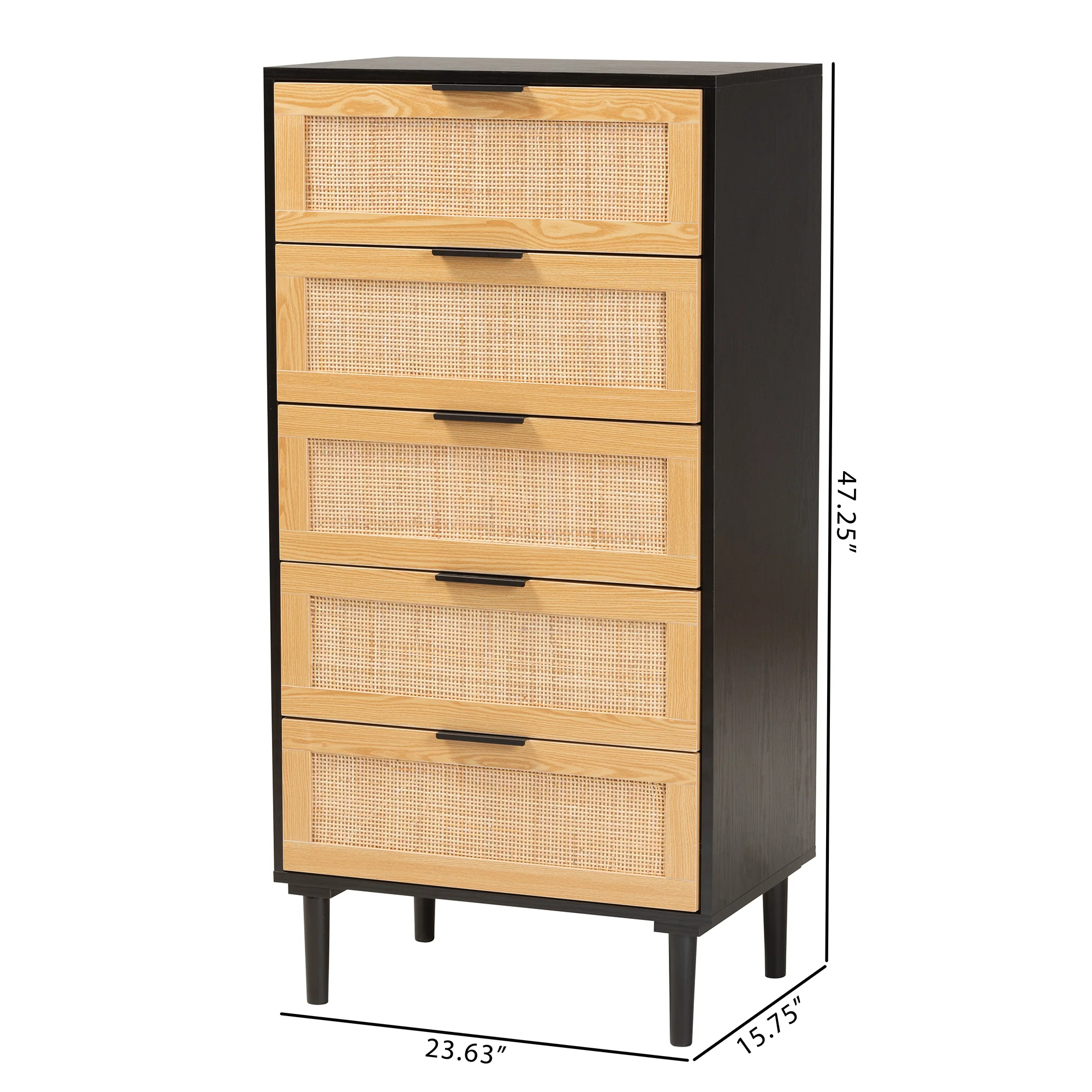 Baxton Studio Maureen Mid-Century Modern Espresso Brown Wood and Rattan 5-Drawer Storage Cabinet - Image 3