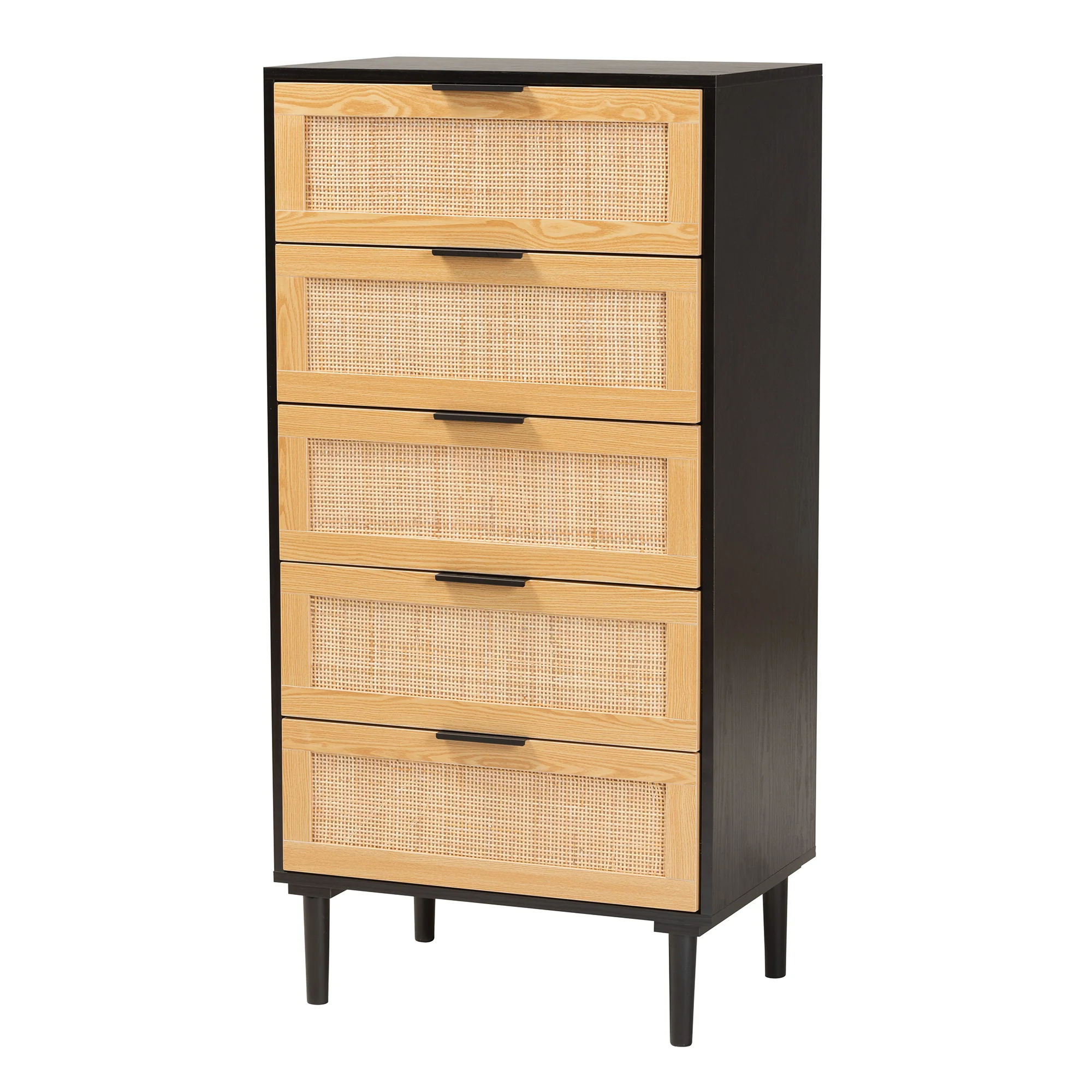 Baxton Studio Maureen Mid-Century Modern Espresso Brown Wood and Rattan 5-Drawer Storage Cabinet - Image 4
