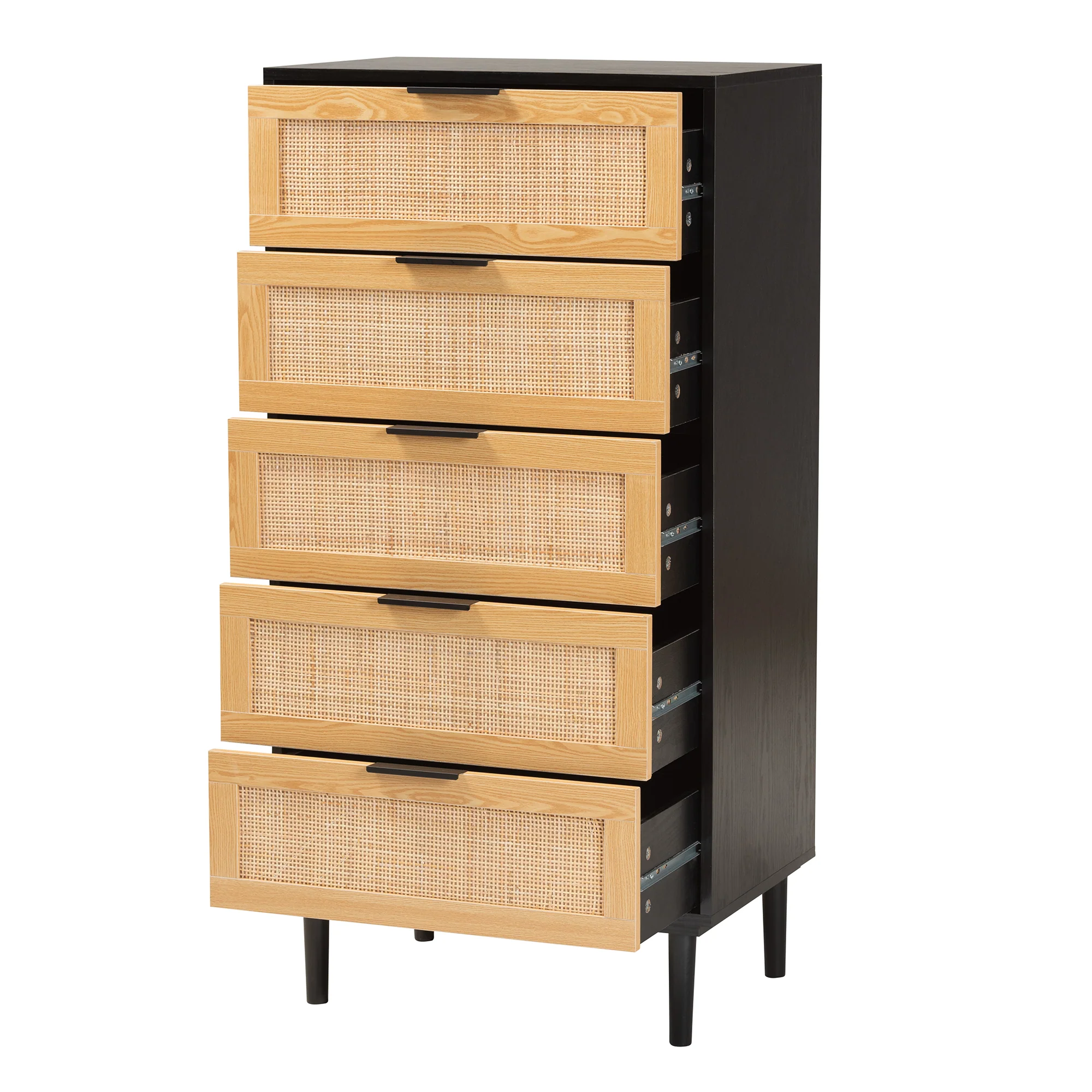Baxton Studio Maureen Mid-Century Modern Espresso Brown Wood and Rattan 5-Drawer Storage Cabinet - Image 5