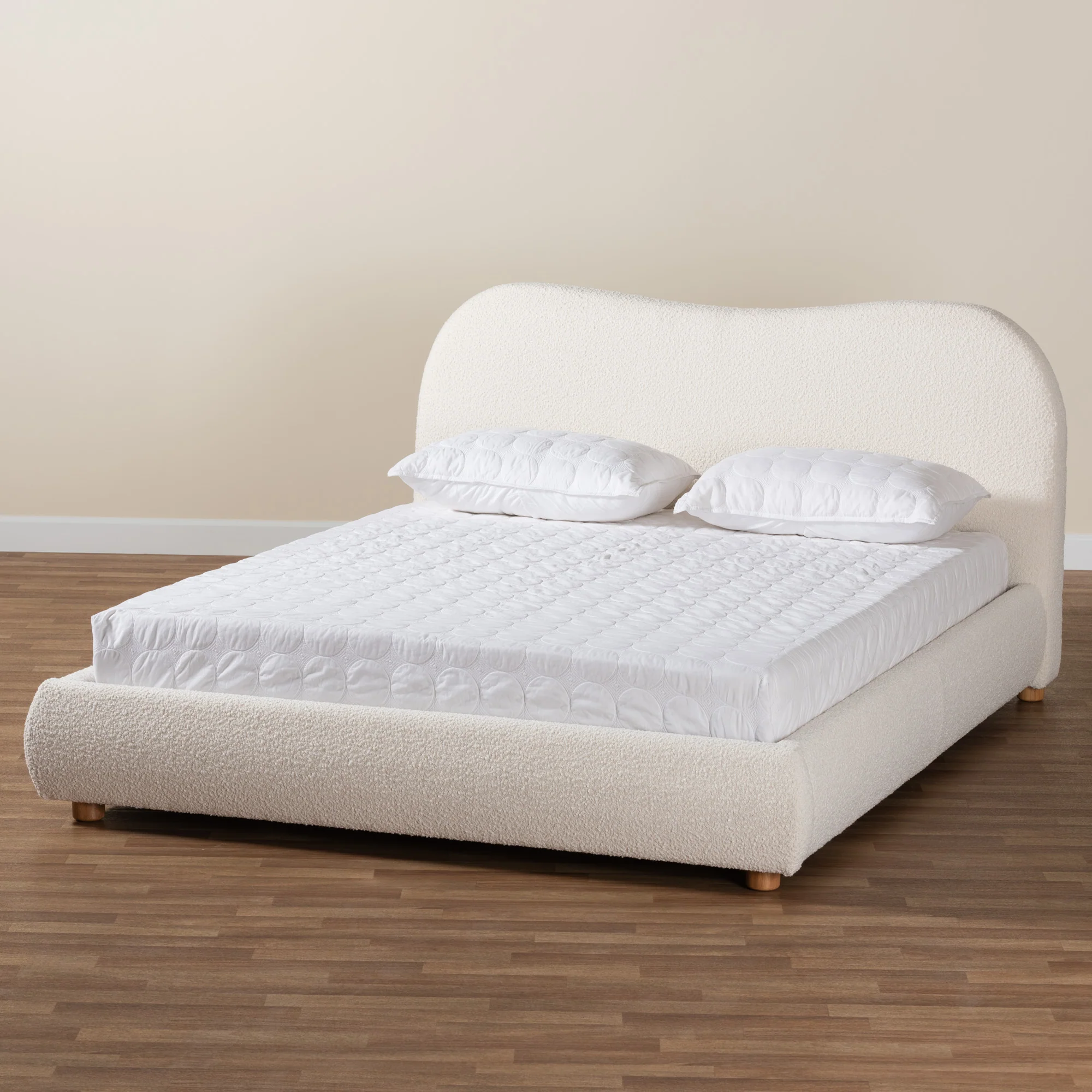 Baxton Studio Maya Mid-Century Modern Cream Boucle Fabric and Oak Brown Finished Wood Queen Size Platform Bed - Image 9