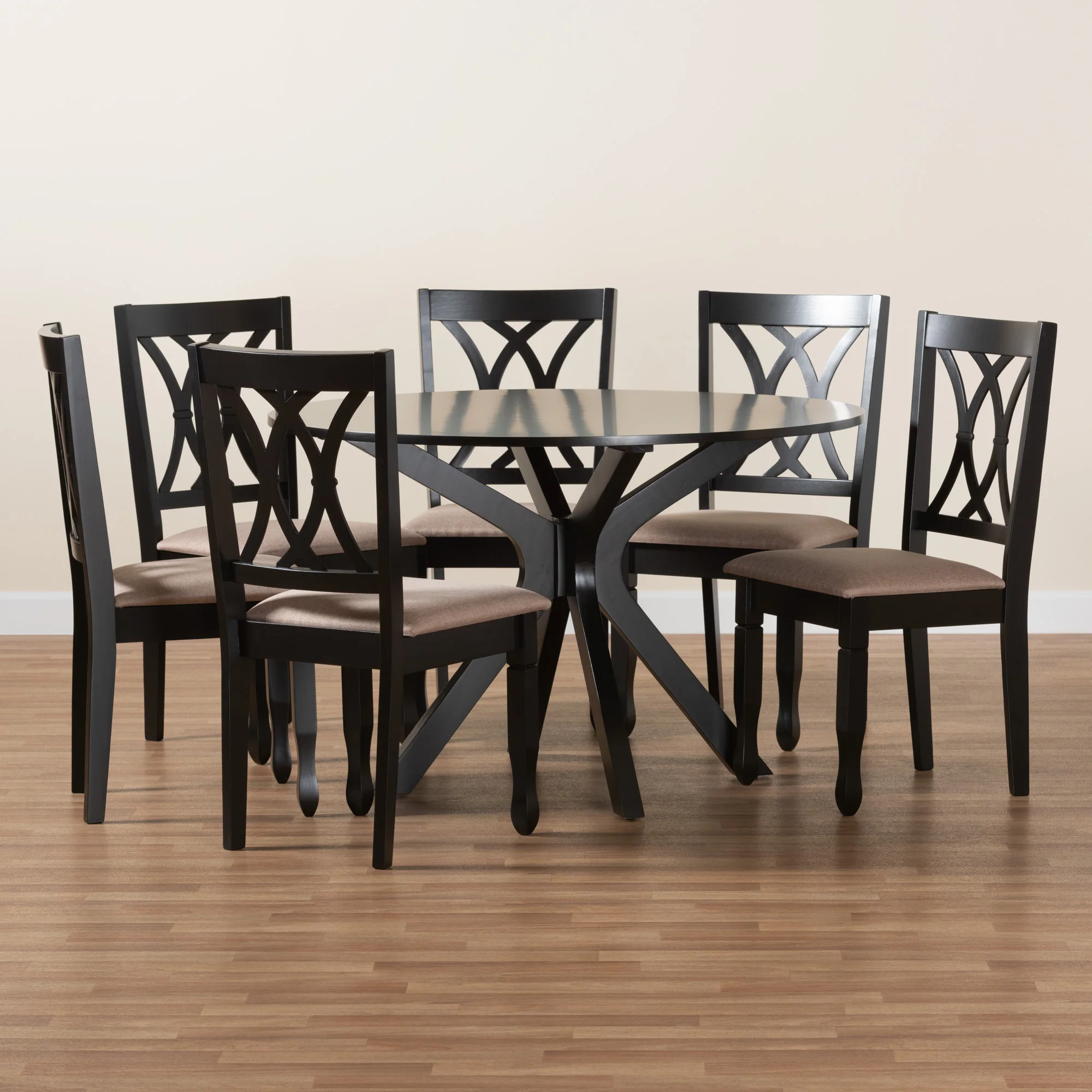 Baxton Studio Maya Modern Beige Fabric and Espresso Brown Finished Wood 7-Piece Dining Set - Image 9