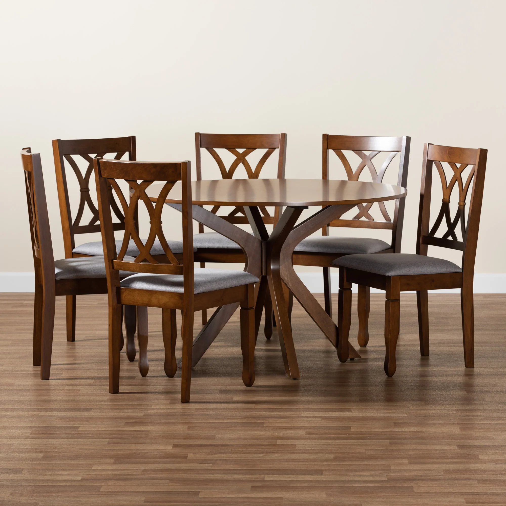 Baxton Studio Maya Modern Grey Fabric and Walnut Brown Finished Wood 7-Piece Dining Set - Image 9