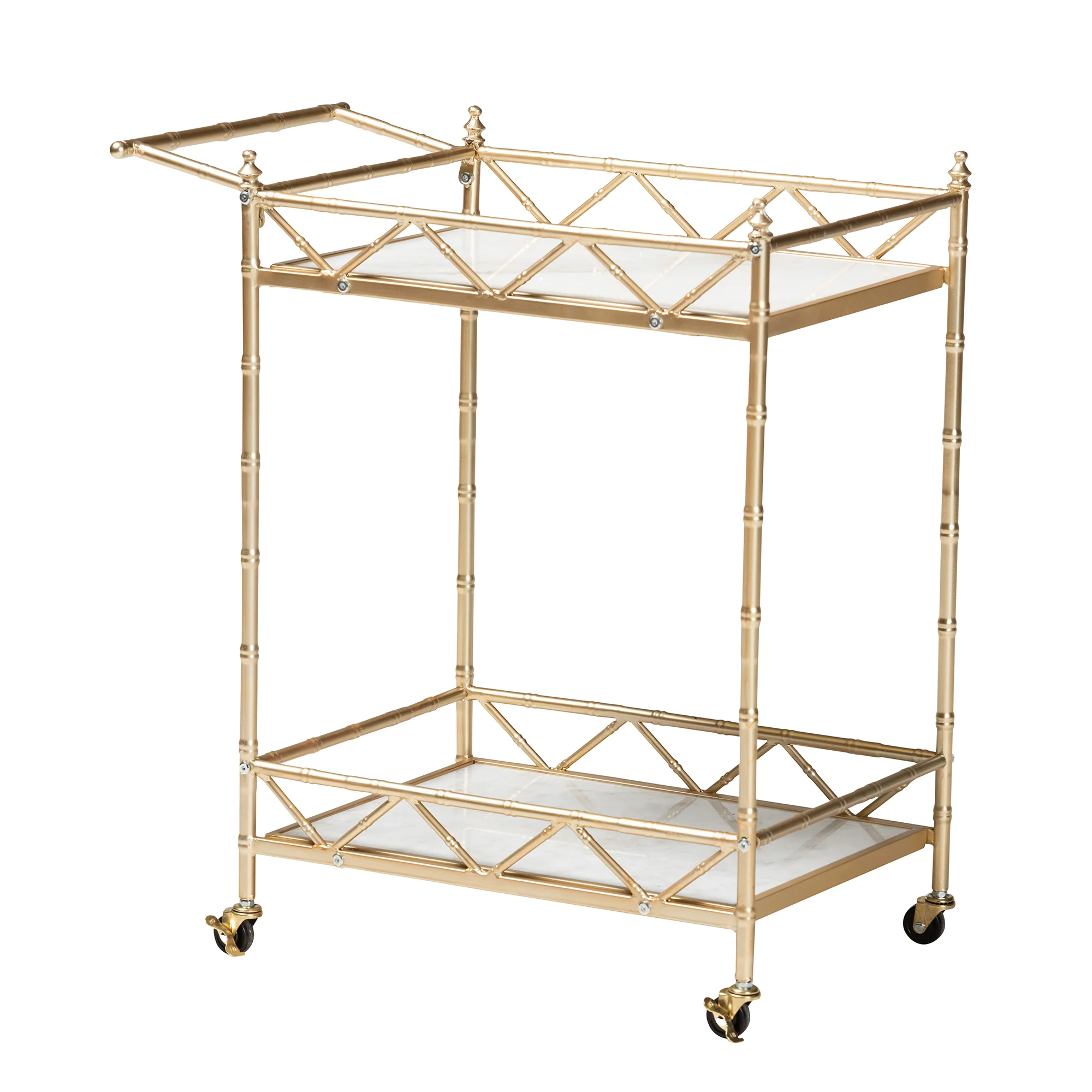 Baxton Studio Mela Contemporary Glam and Luxe Gold Metal and White Marble 2-Tier Wine Cart - Image 2