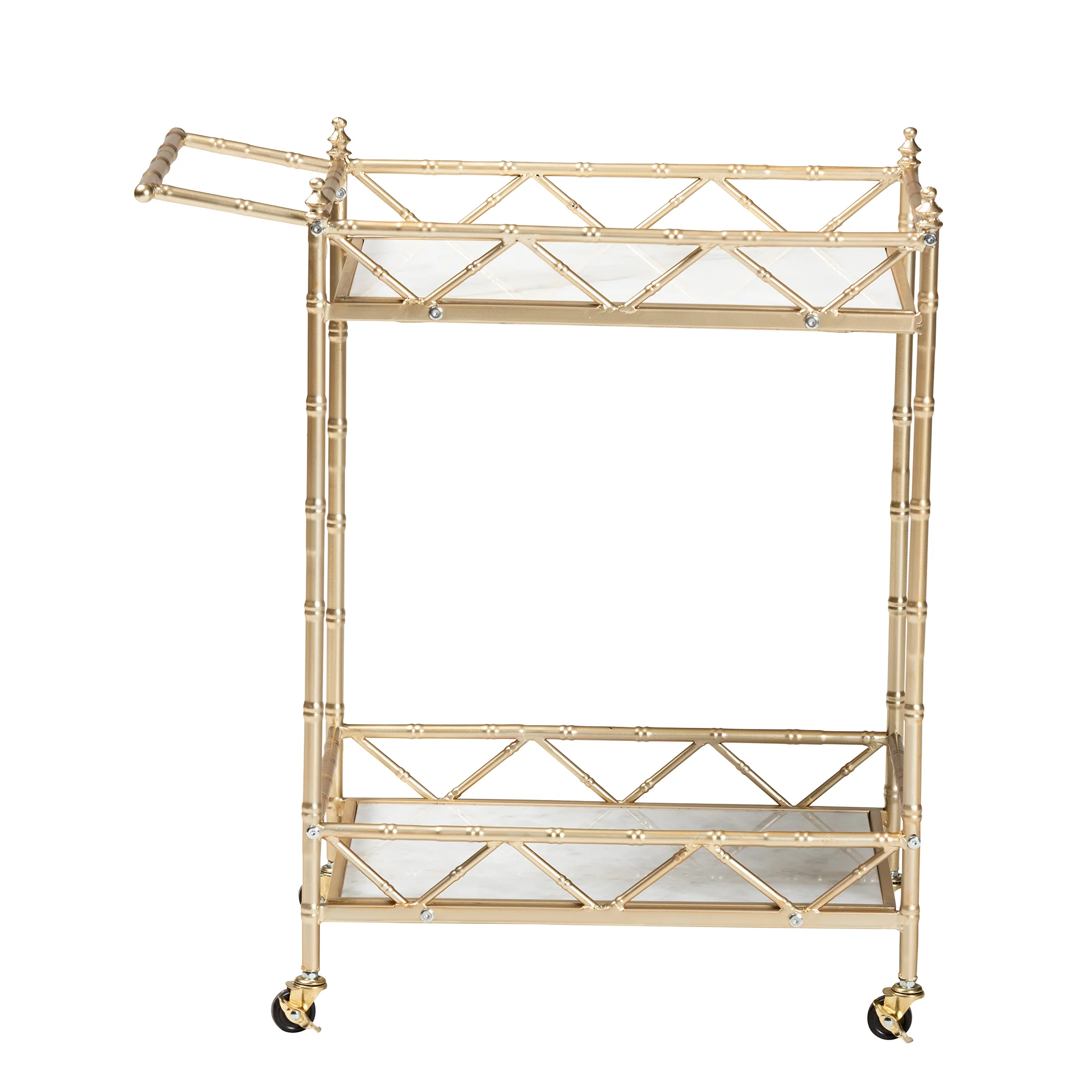 Baxton Studio Mela Contemporary Glam and Luxe Gold Metal and White Marble 2-Tier Wine Cart - Image 3