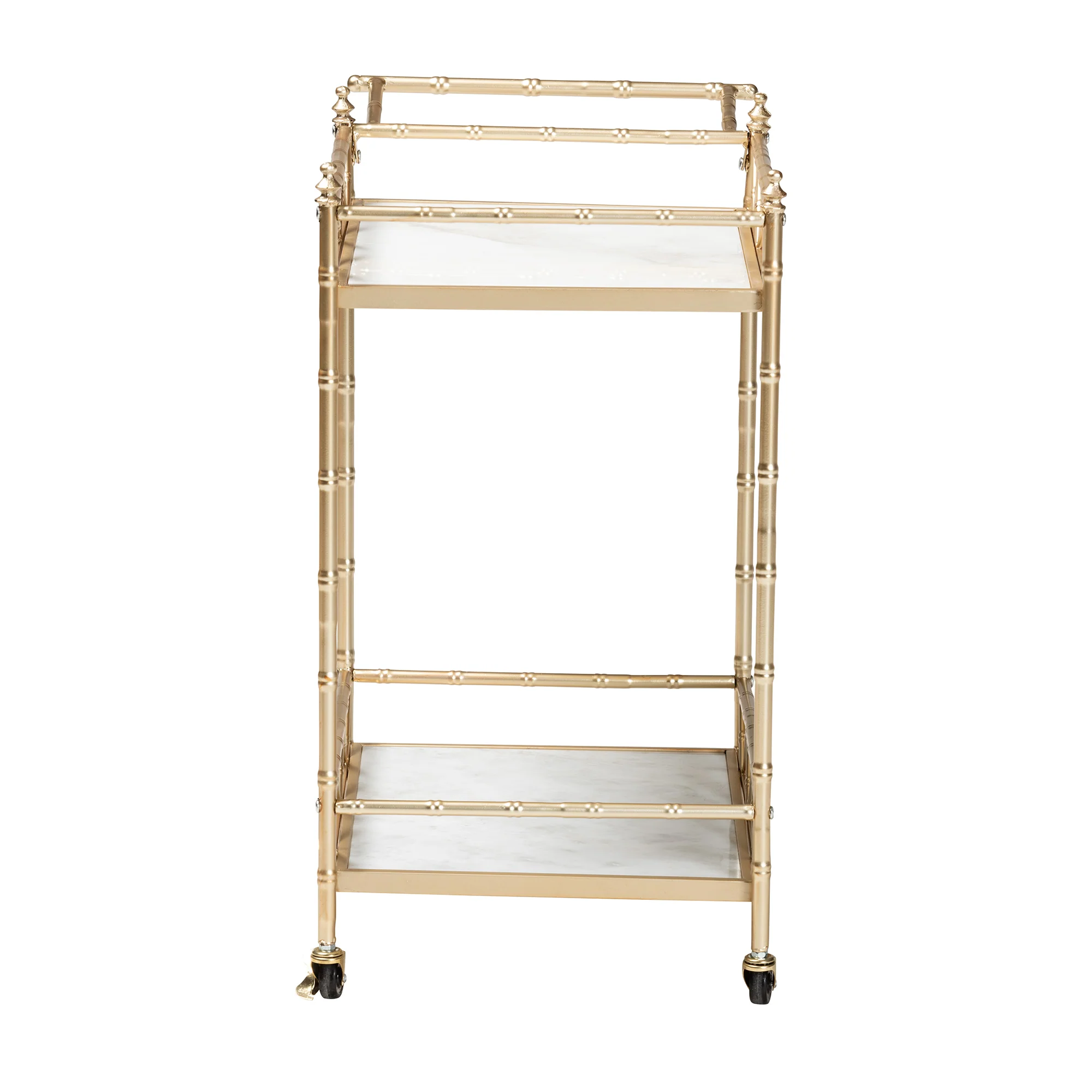 Baxton Studio Mela Contemporary Glam and Luxe Gold Metal and White Marble 2-Tier Wine Cart - Image 4