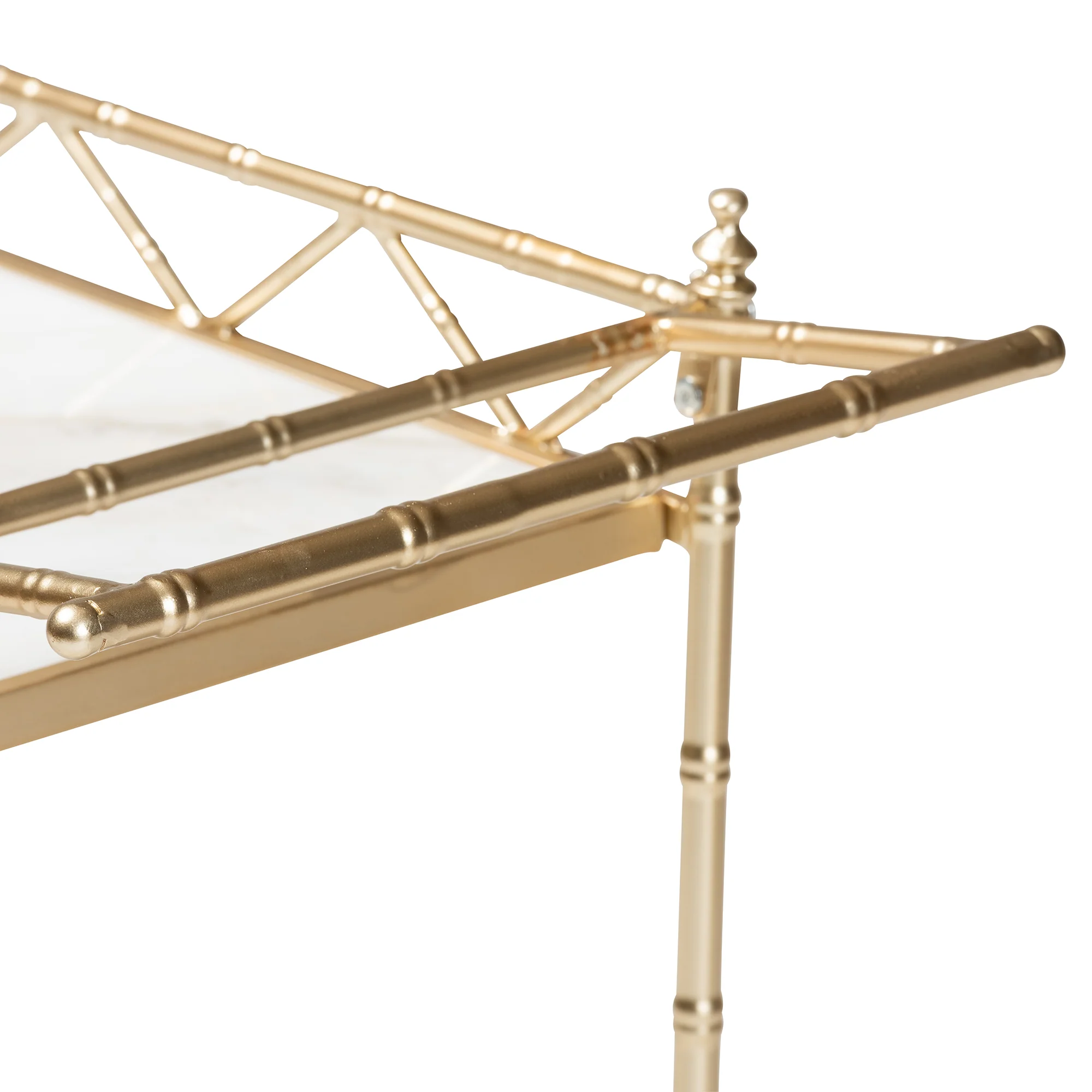 Baxton Studio Mela Contemporary Glam and Luxe Gold Metal and White Marble 2-Tier Wine Cart - Image 5
