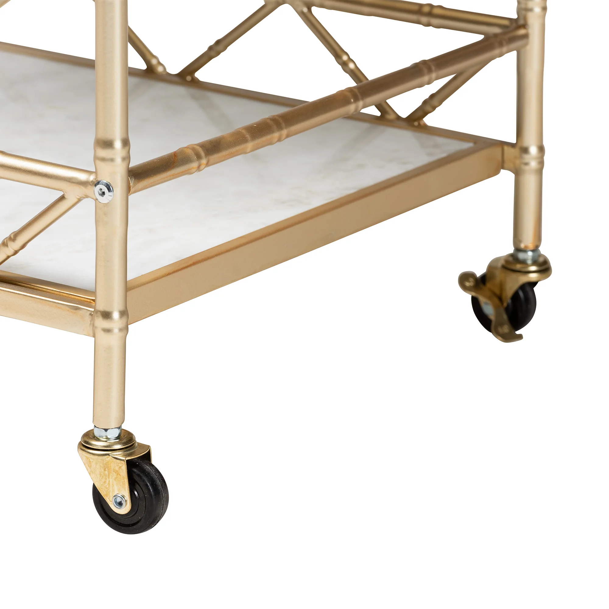 Baxton Studio Mela Contemporary Glam and Luxe Gold Metal and White Marble 2-Tier Wine Cart - Image 6