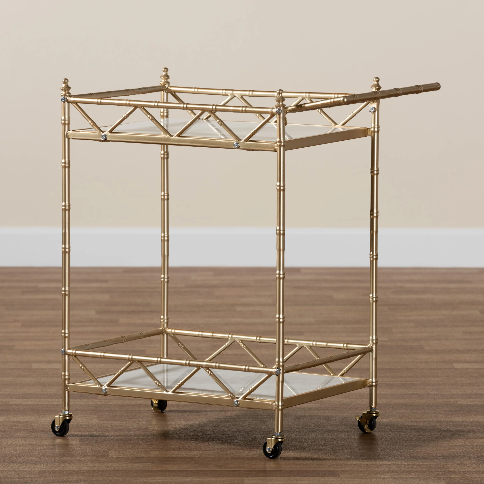 Baxton Studio Mela Contemporary Glam and Luxe Gold Metal and White Marble 2-Tier Wine Cart - Image 7
