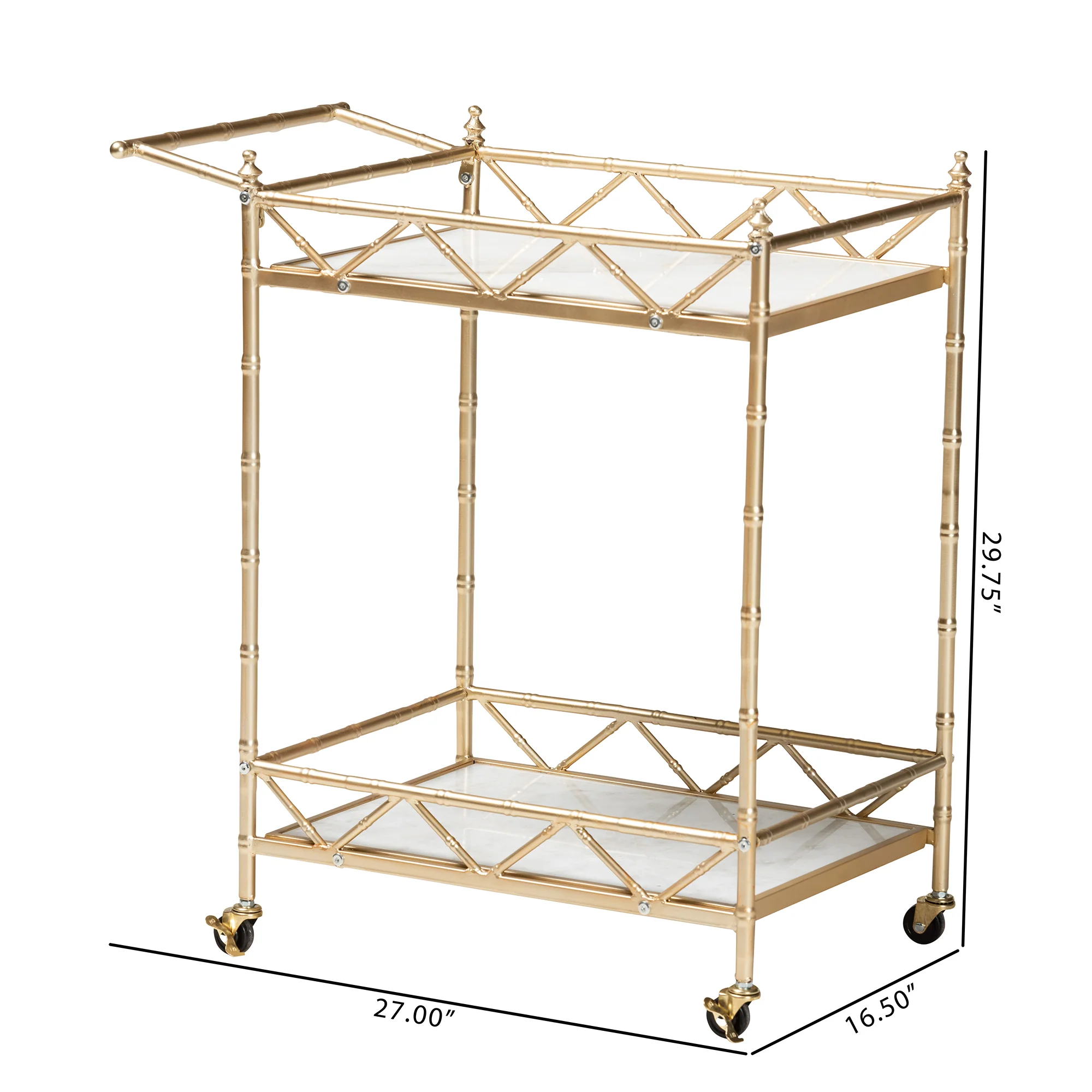 Baxton Studio Mela Contemporary Glam and Luxe Gold Metal and White Marble 2-Tier Wine Cart - Image 8