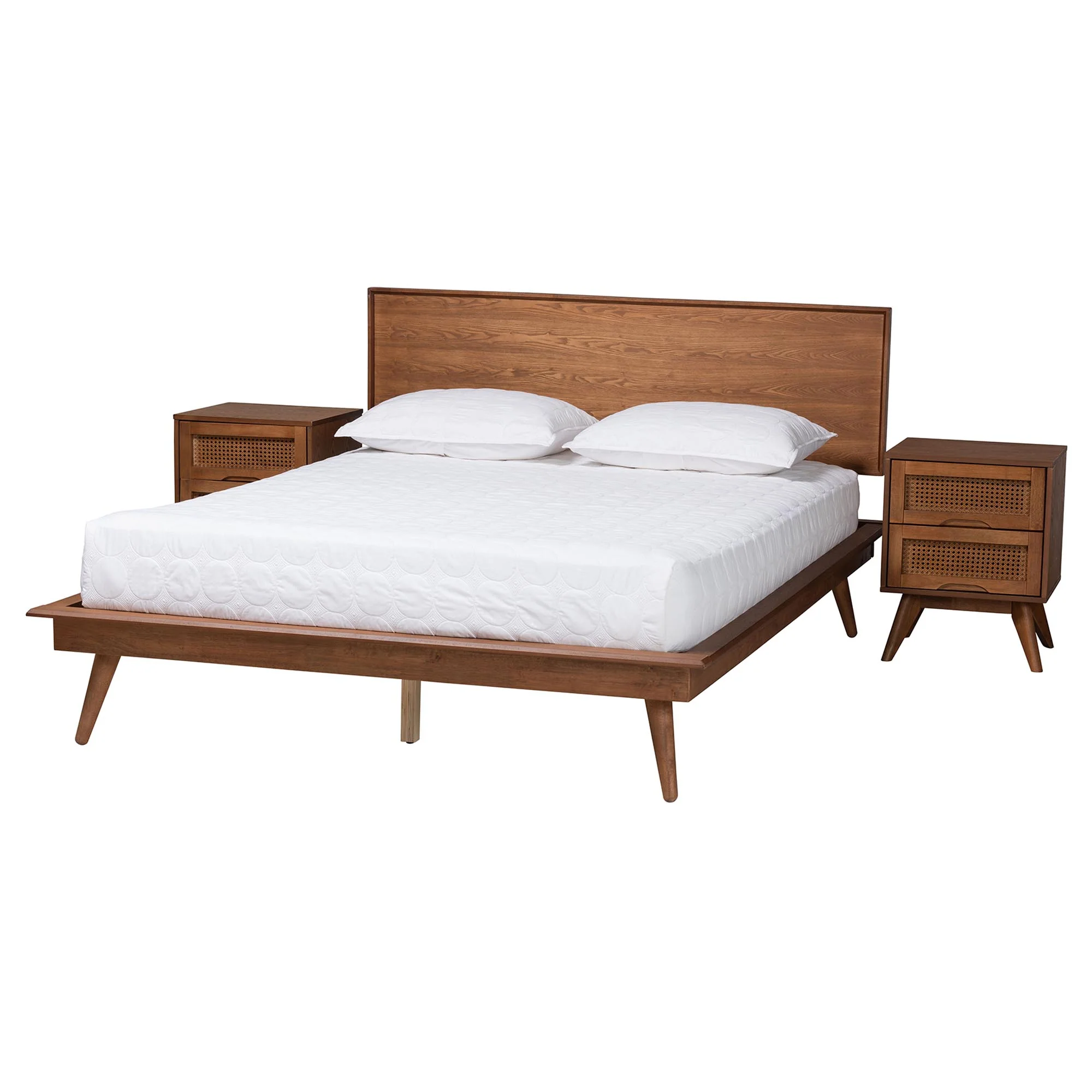 Baxton Studio Melora Mid-Century Modern Walnut Brown Finished Wood and Rattan Full Size 3-Piece Bedroom Set - Image 2