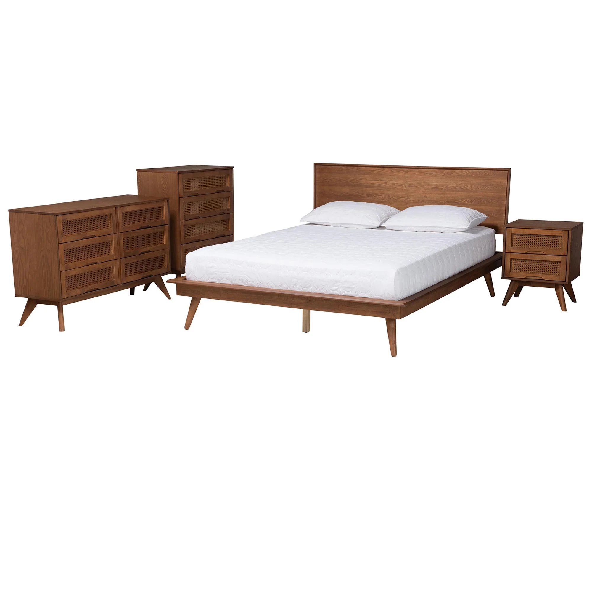 Baxton Studio Melora Mid-Century Modern Walnut Brown Finished Wood and Rattan Full Size 4-Piece Bedroom Set - Image 2
