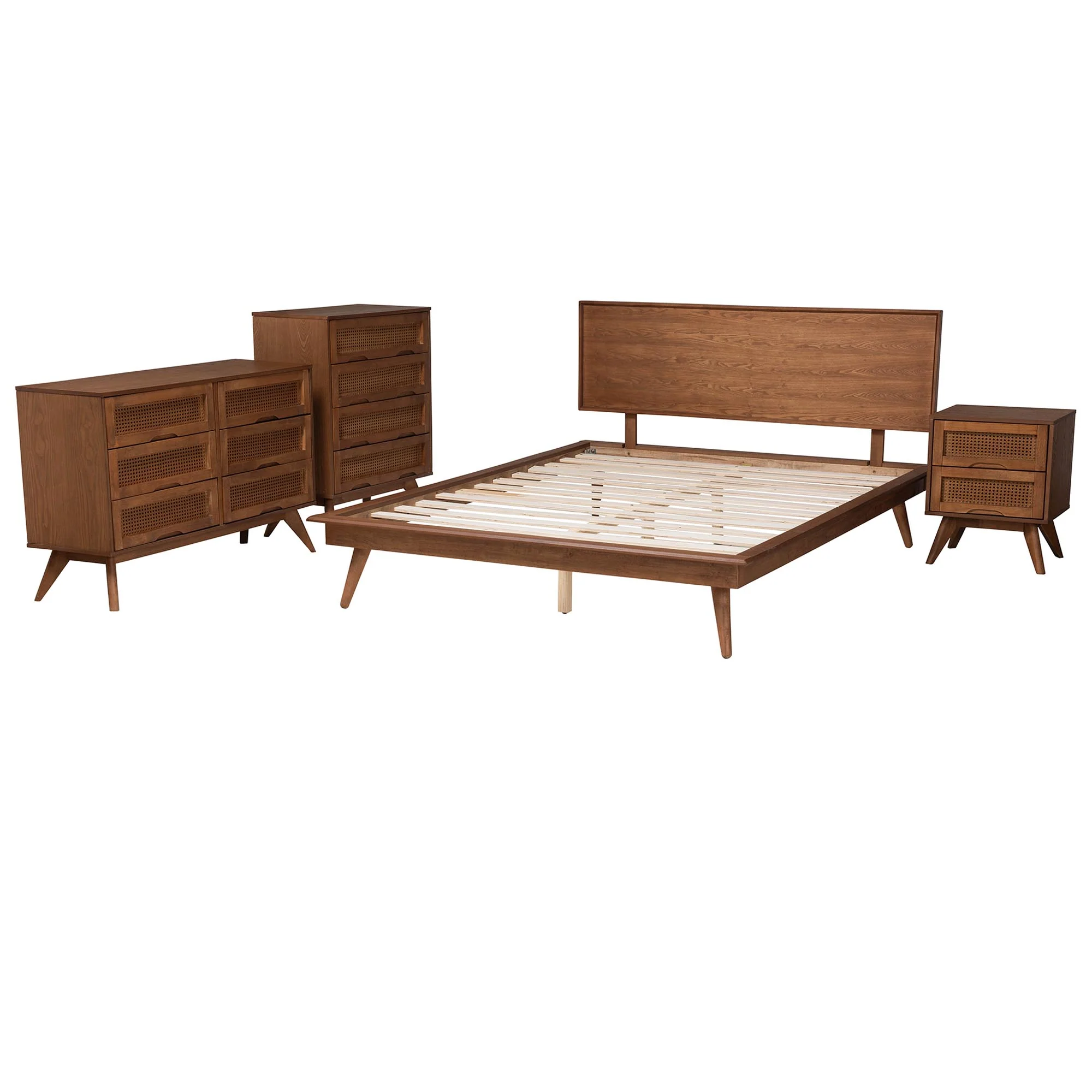 Baxton Studio Melora Mid-Century Modern Walnut Brown Finished Wood and Rattan Full Size 4-Piece Bedroom Set - Image 3