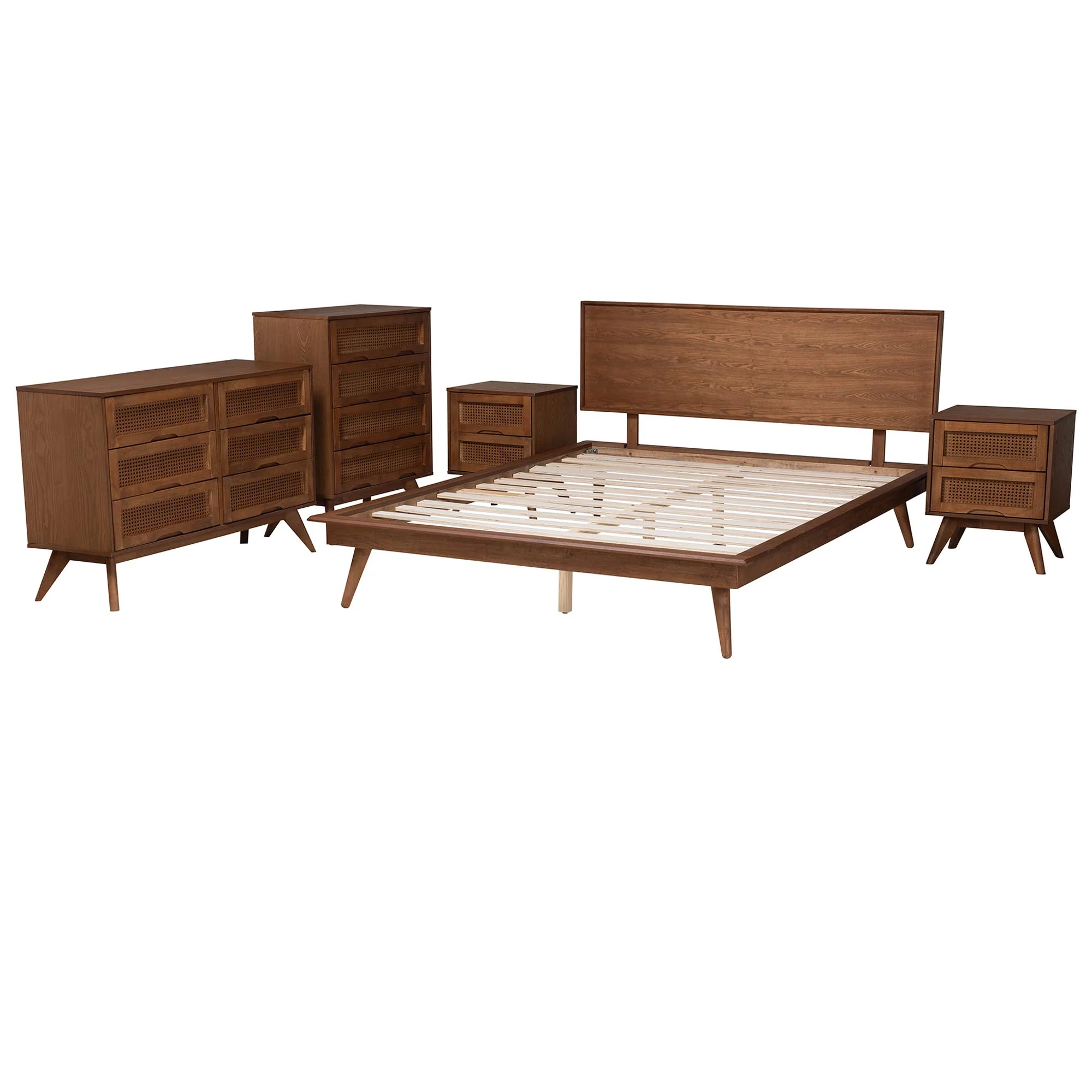 Baxton Studio Melora Mid-Century Modern Walnut Brown Finished Wood and Rattan Full Size 5-Piece Bedroom Set - Image 3