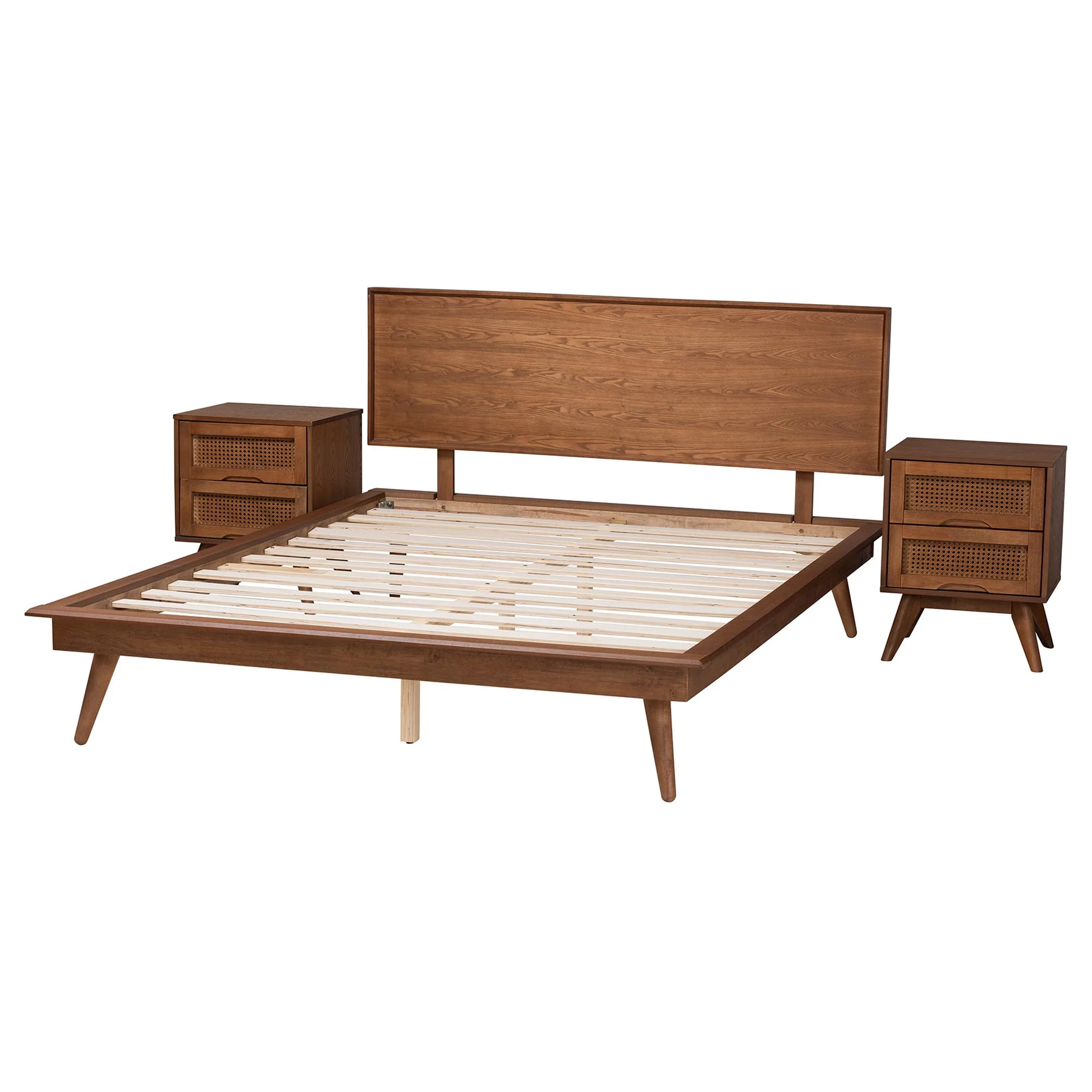 Baxton Studio Melora Mid-Century Modern Walnut Brown Finished Wood and Rattan King Size 3-Piece Bedroom Set - Image 6
