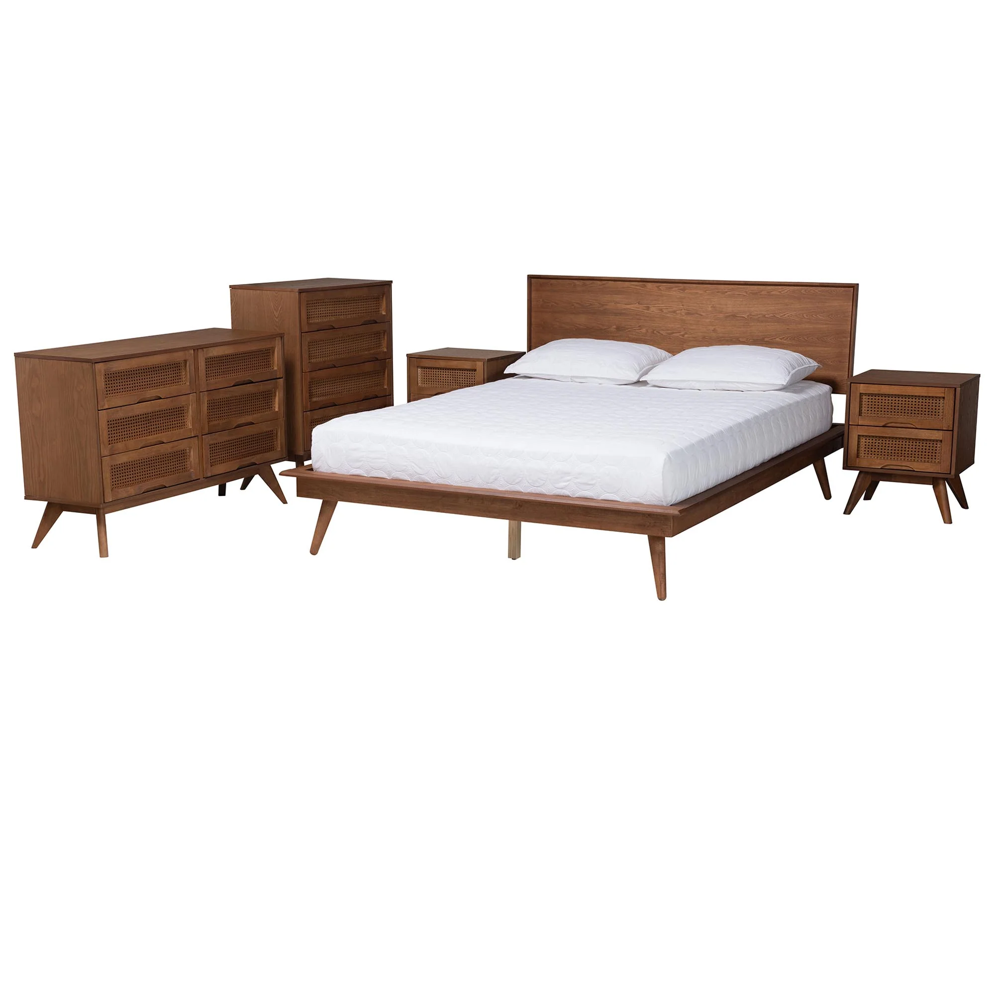 Baxton Studio Melora Mid-Century Modern Walnut Brown Finished Wood and Rattan King Size 5-Piece Bedroom Set - Image 6