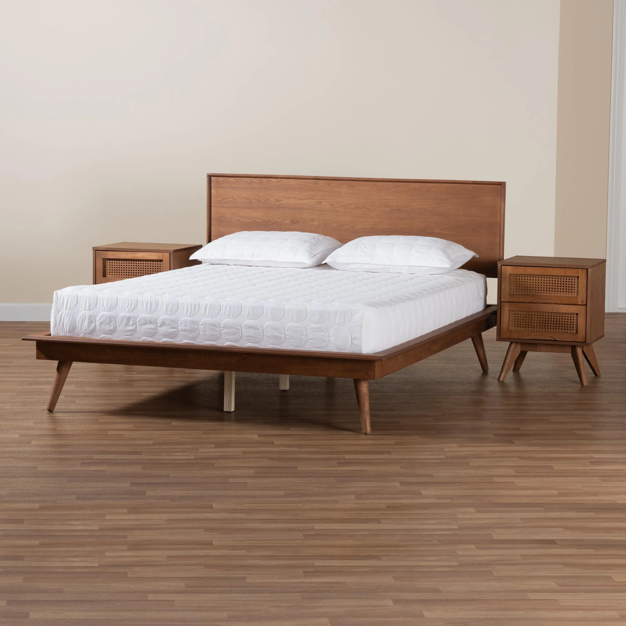 Baxton Studio Melora Mid-Century Modern Walnut Brown Finished Wood and Rattan Queen Size 3-Piece Bedroom Set - Image 4
