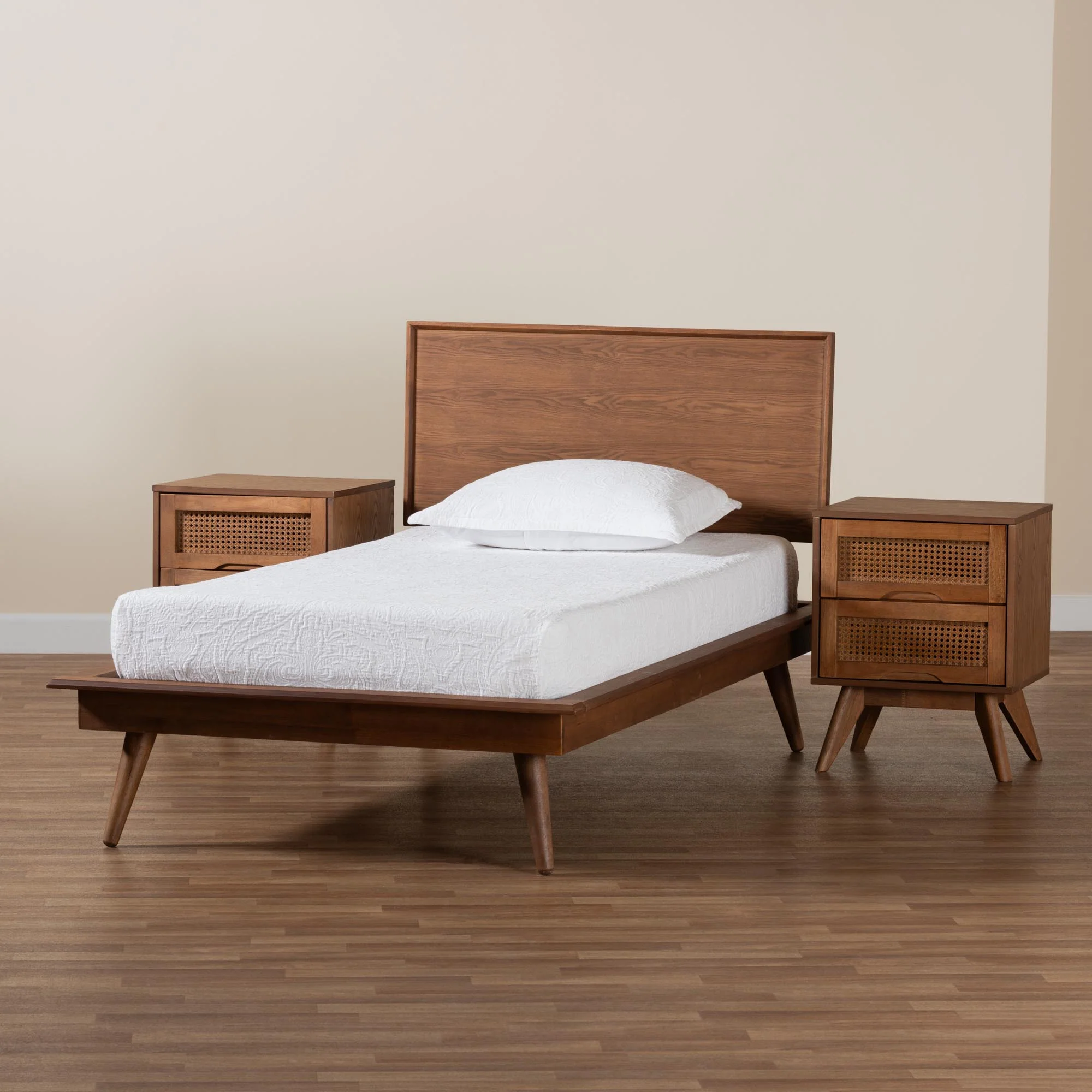 Baxton Studio Melora Mid-Century Modern Walnut Brown Finished Wood and Rattan Twin Size 3-Piece Bedroom Set - Image 4